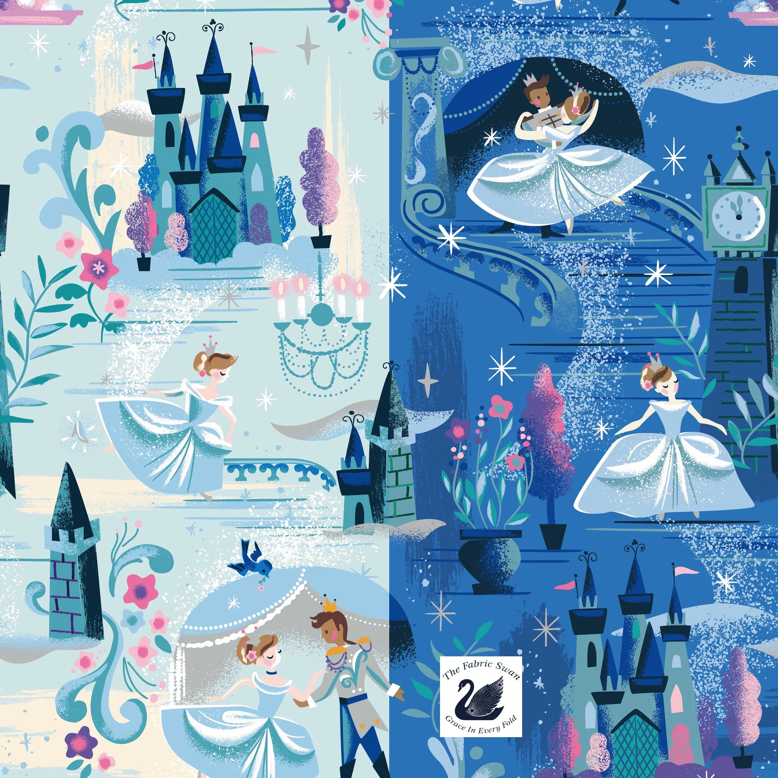 PRESALE Wishes Cinderella Cotton Fabric, The Ball, Powder and Blueberry Sparkle, Jill Howarth Riley Blake