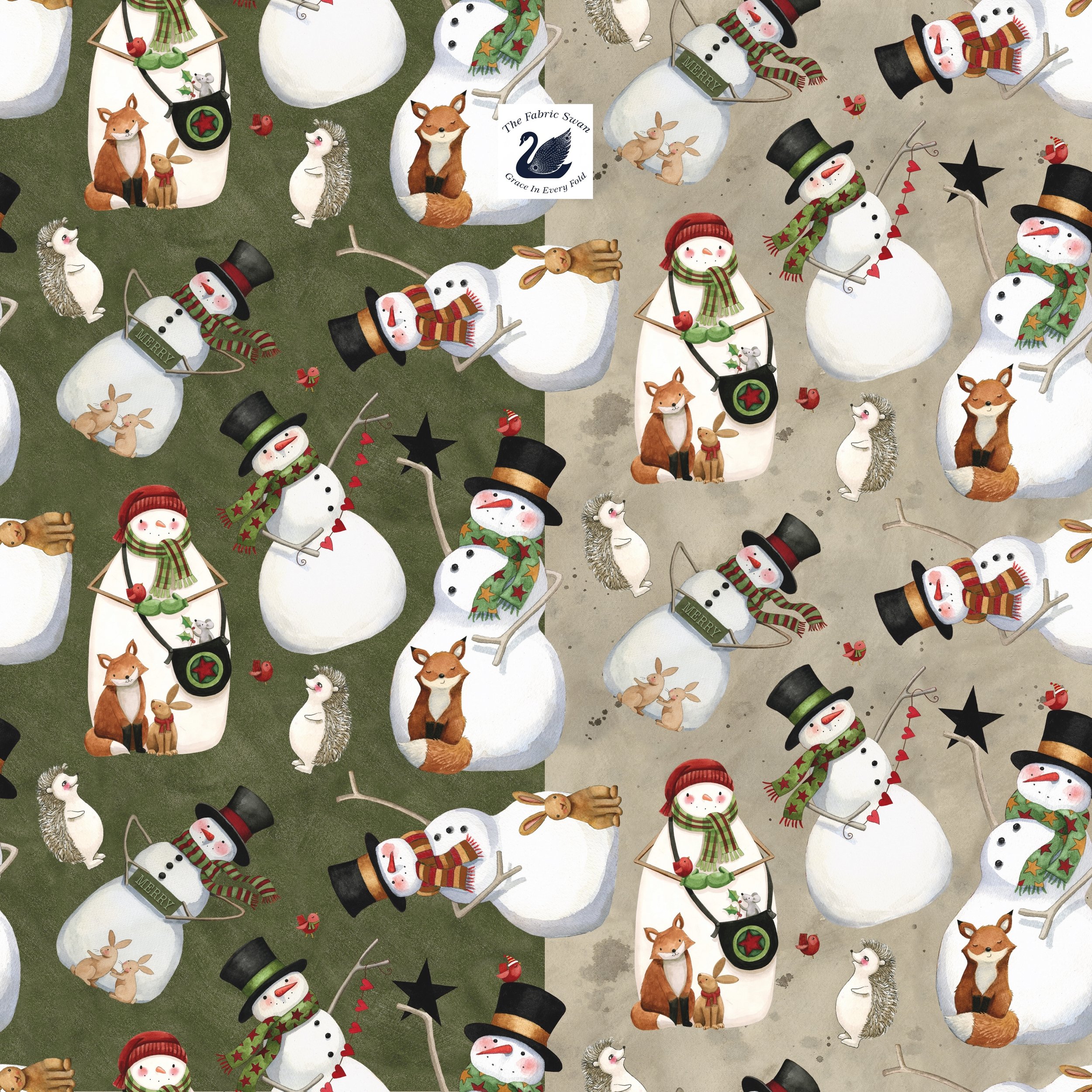 Northern Christmas Snowman Quilting Cotton, Neutral, Green, Hedgehog Fox Rabbit, Teresa Kogut Riley Blake