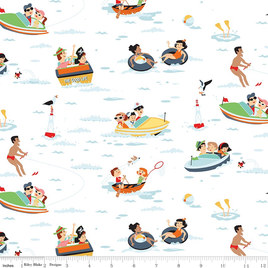 Happy Haven The Good Life Fabric, White Quilting Cotton, Boating Sailing Water Skiing, Riley Blake