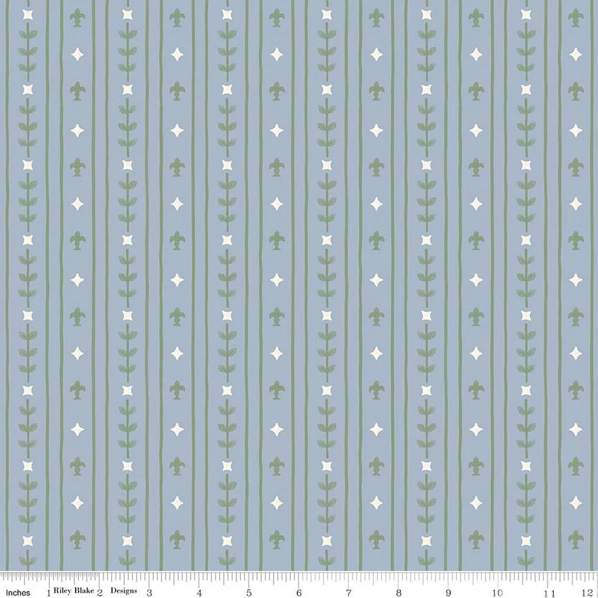 Faraway Kingdom Royal Stripe Sky, Quilting Cotton Fabric, Slate Blue, Vines Fleur-de-Lis, Riley Blake Blake