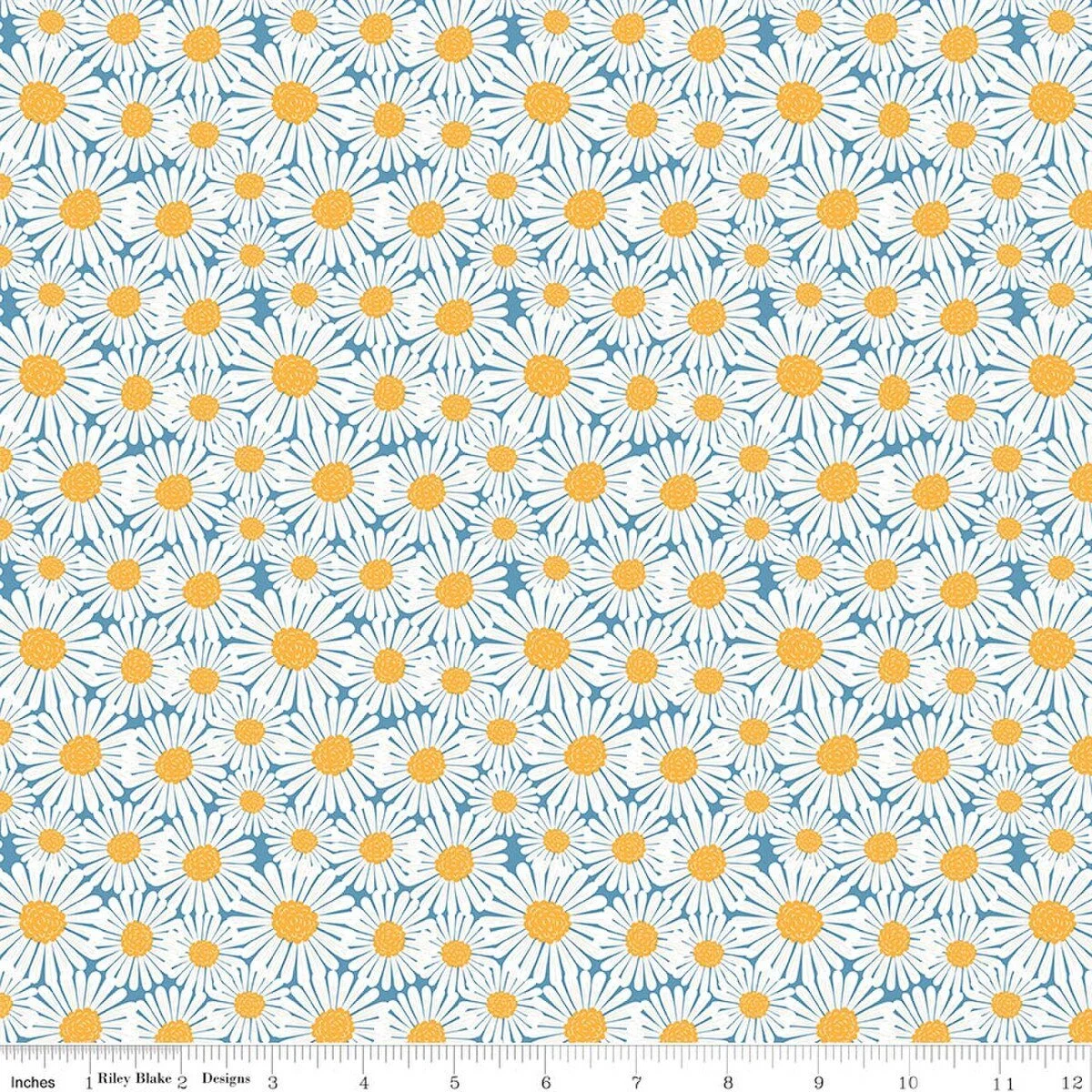 Sunshine & Dandelions White Daisies Quilting Cotton, Denim Blue Floral Fabric, Traci Reed, Riley Blake