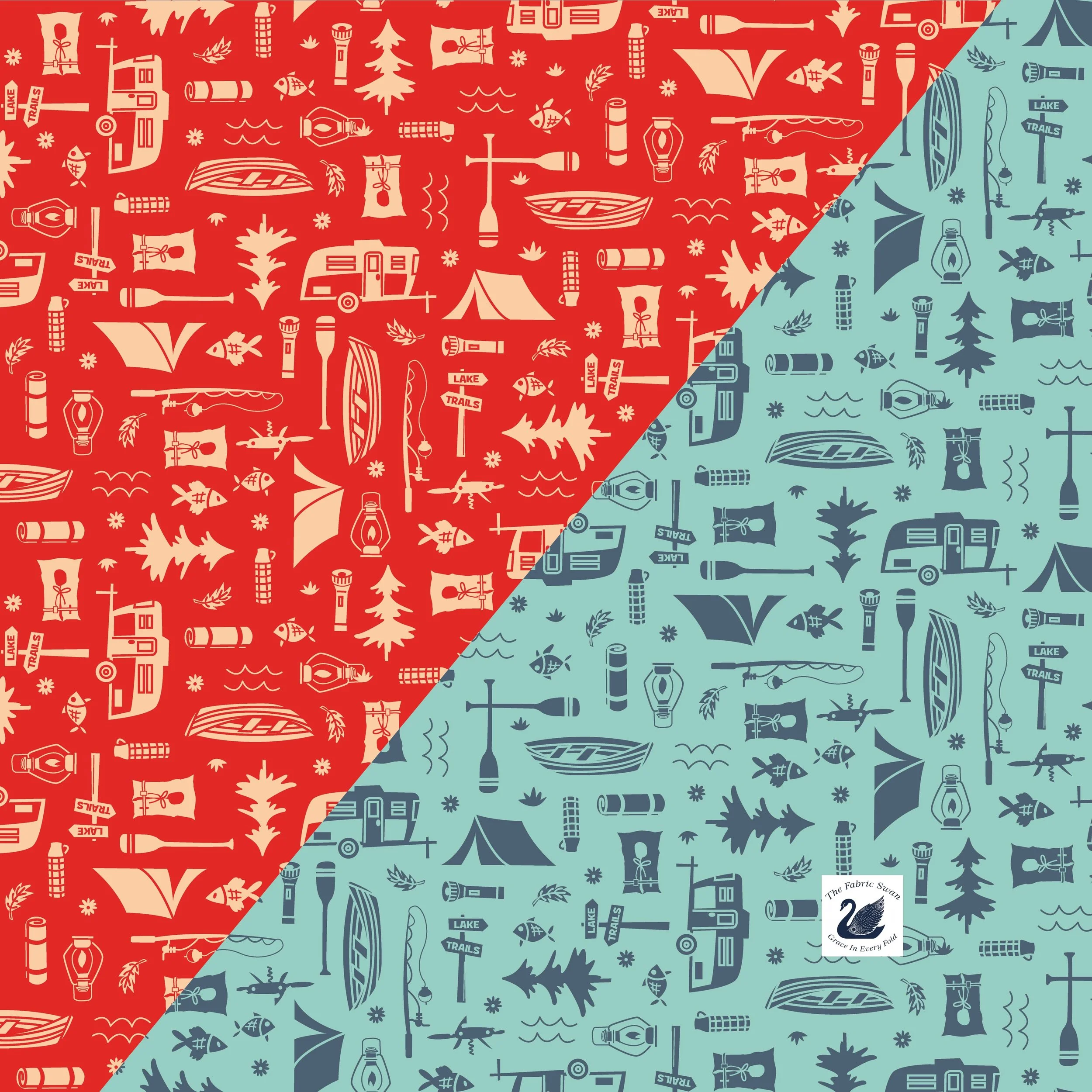 Happy Haven Let's Camp Quilting Cotton Fabric, Camping Icons Tents Trail Signs, Riley Blake