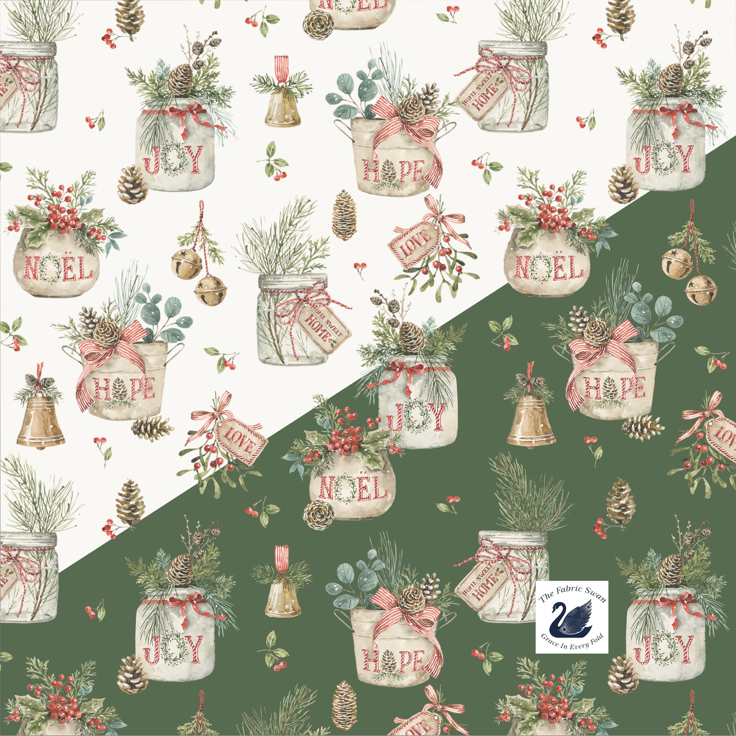 Holiday Spirit Christmas Noel Jars Pots, Cream Green, Digitally Printed Quilting Cotton, Riley Blake