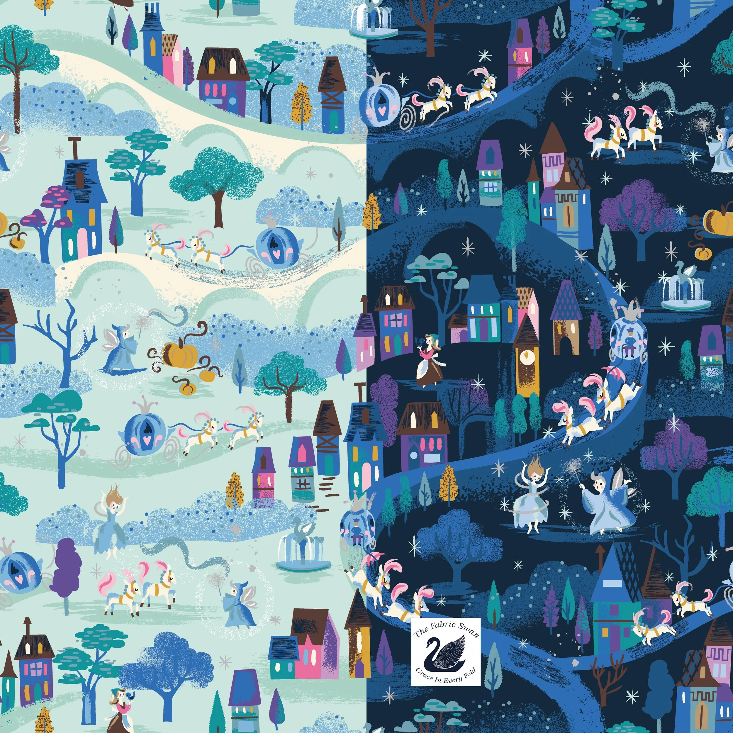 PRESALE Wishes Cinderella Cotton Fabric, Moonlight Blueberry Bleached Denim Sparkle, Jill Howarth Riley Blake