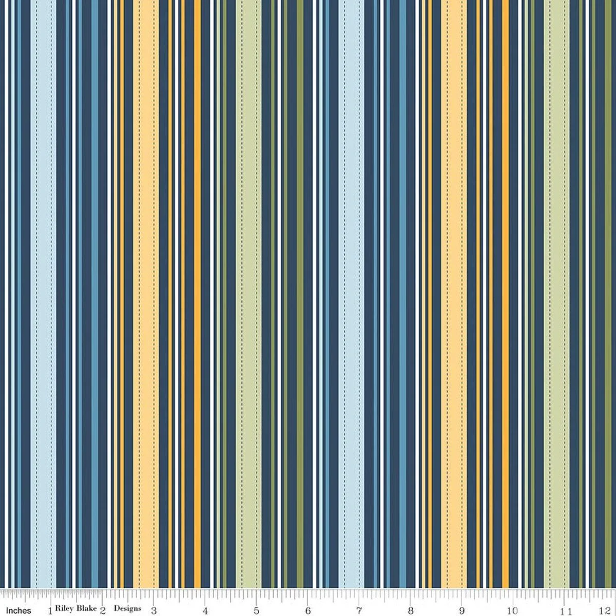 Sunshine & Dandelions Stripes Navy Quilting Cotton, Multicolored Dark Blue Fabric, Traci Reed, Riley Blake