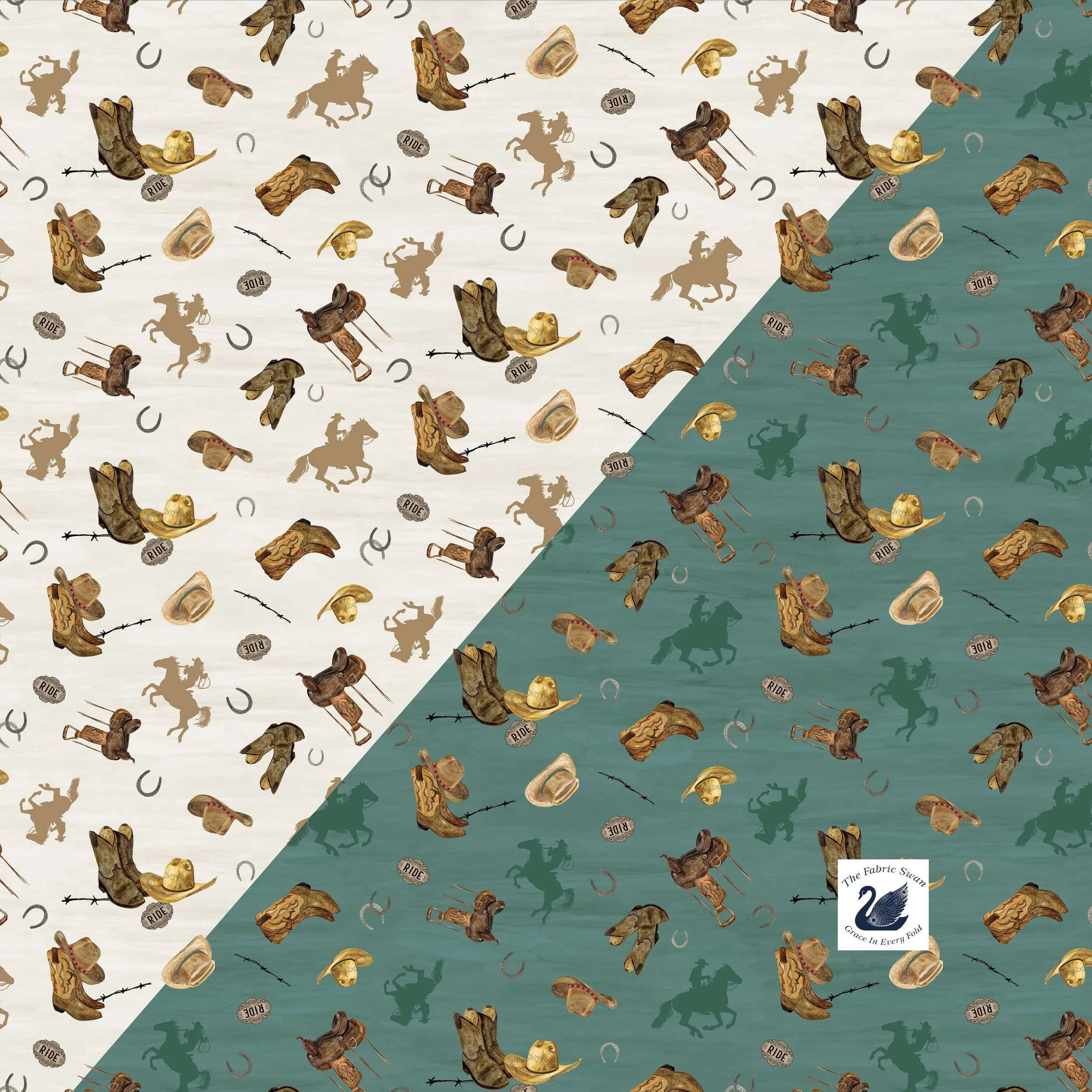 The Homestead Icon Toss Quilting Cotton Fabric, Cowboy Hats Boots Saddles Horseshoes Belt-Buckles, Riley Blake