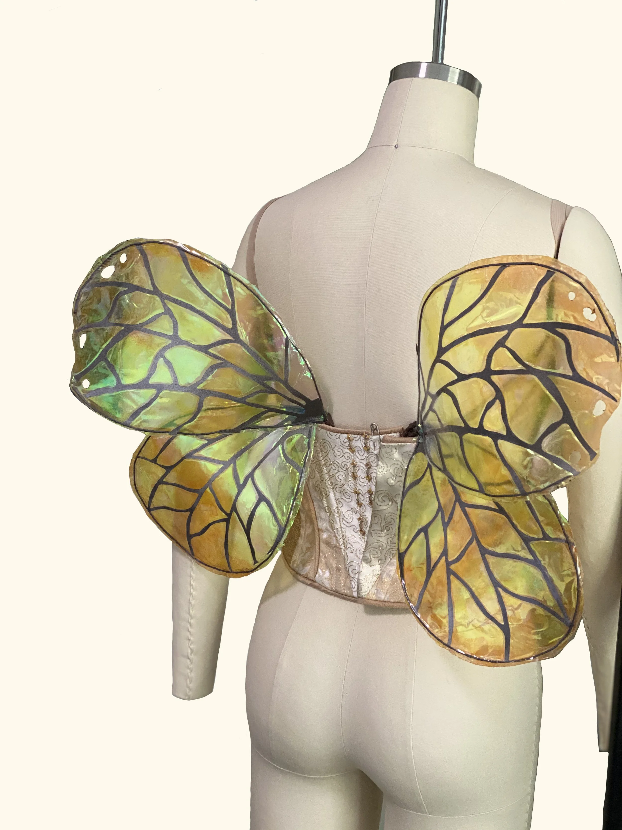 A fashion corset with iridescent fairy wings attached, displayed on a mannequin.