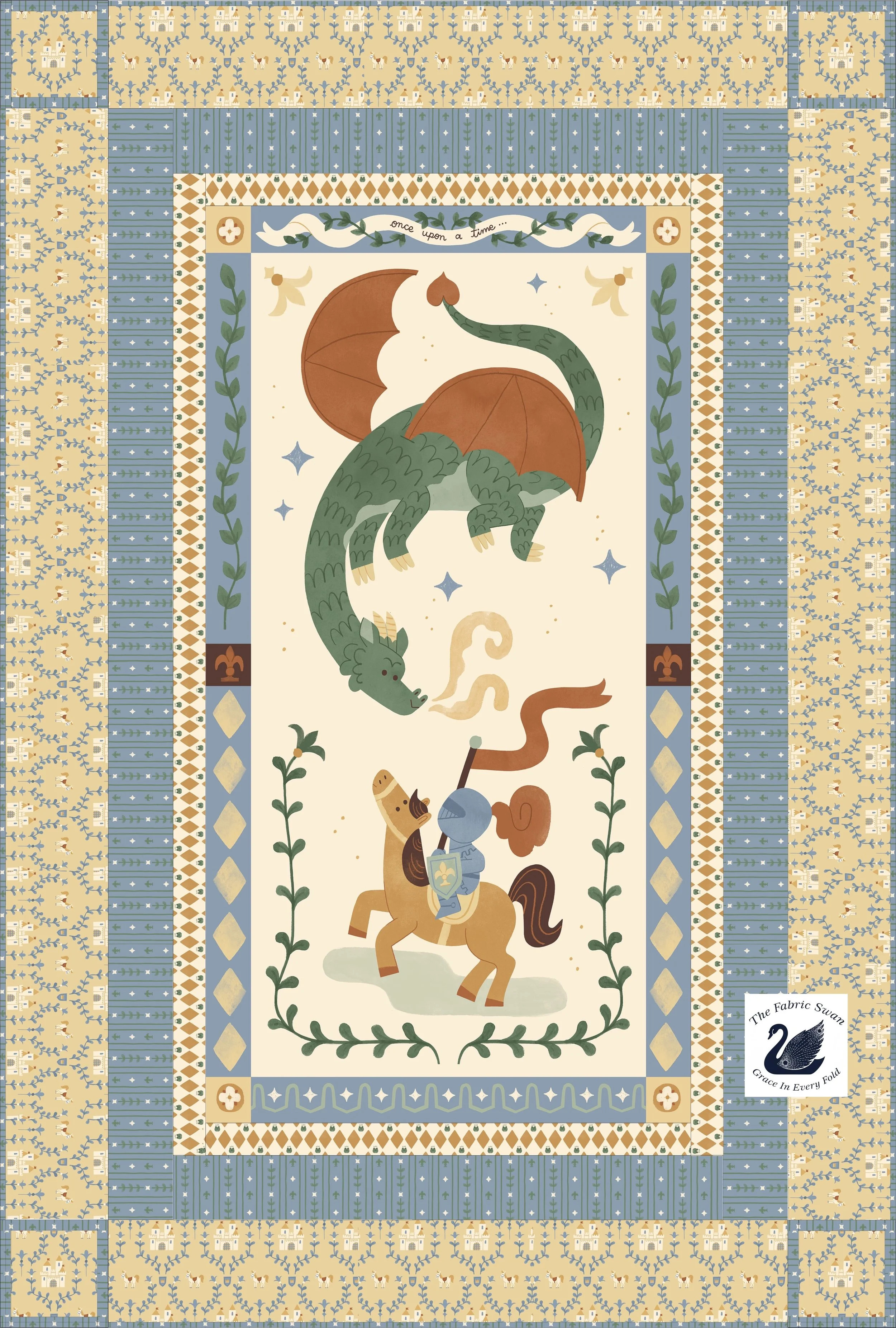 Faraway Kingdom 42x61" Quilt Kit, Once Upon a Time, Medieval Tapestry Dragon Blanket, Riley Blake