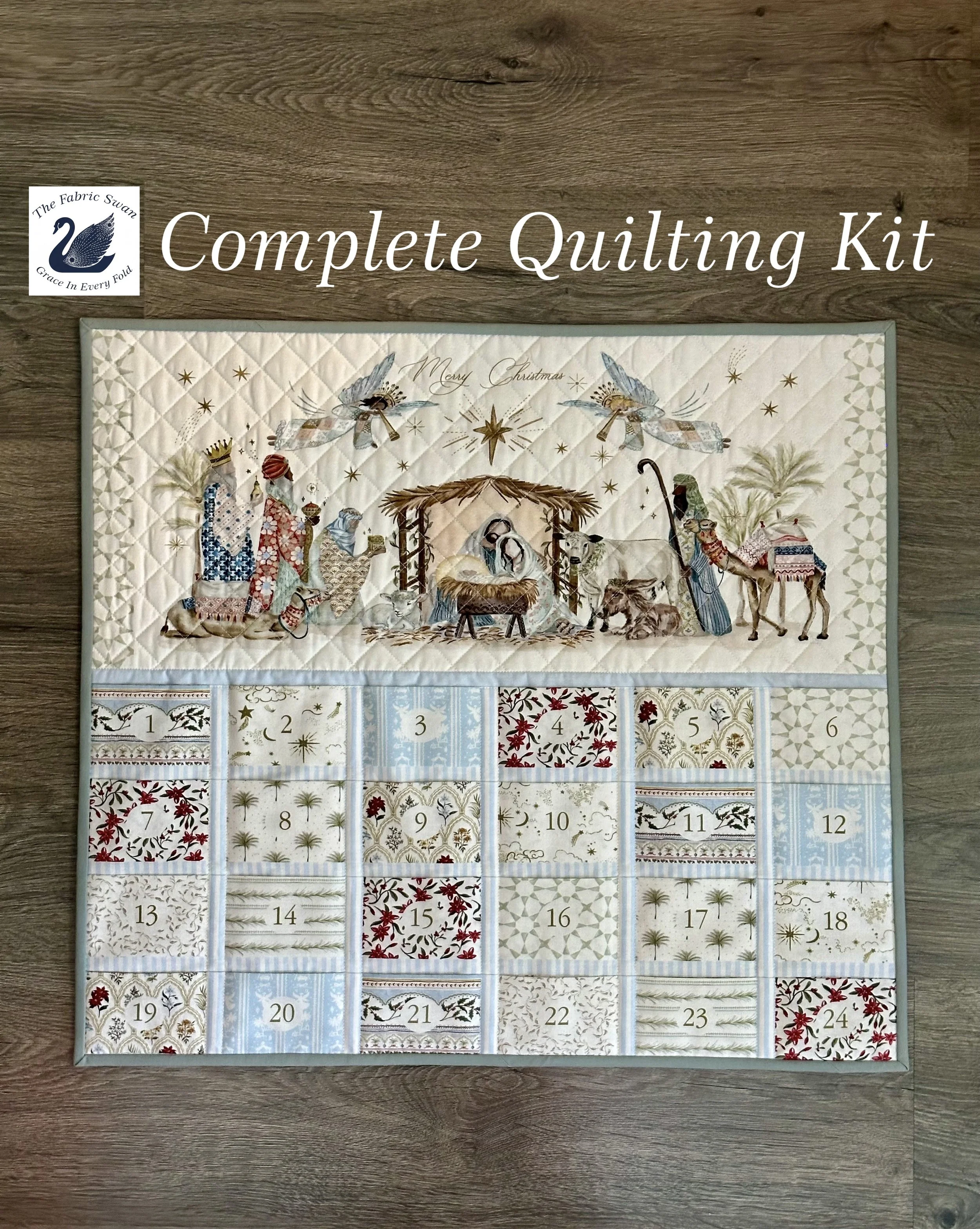 Silent Night Nativity Advent Calendar COMPLETE KIT, 24x23", Quilt Panel, Binding, Backing, Batting, Moda