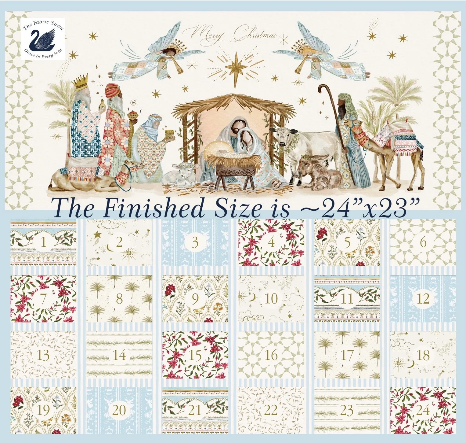 Silent Night Nativity Advent Calendar Panel, 24x44", Mary Jesus Lamb, Quilting Cotton, Moda Fabrics