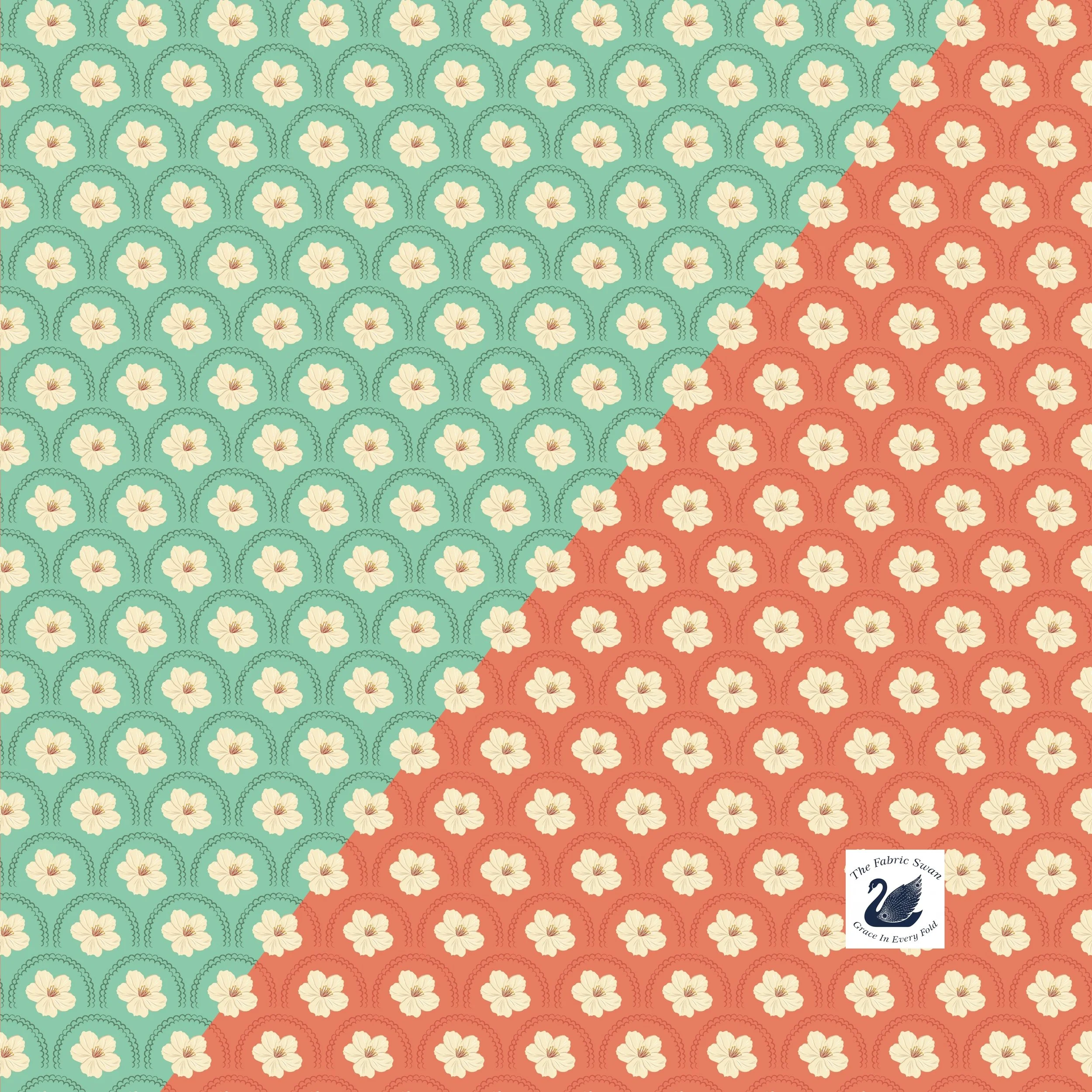 Southern Charm Peach Blossoms Quilting Cotton, Mint Green, Rouge Orange, Scalloped Clamshells, Riley Blake