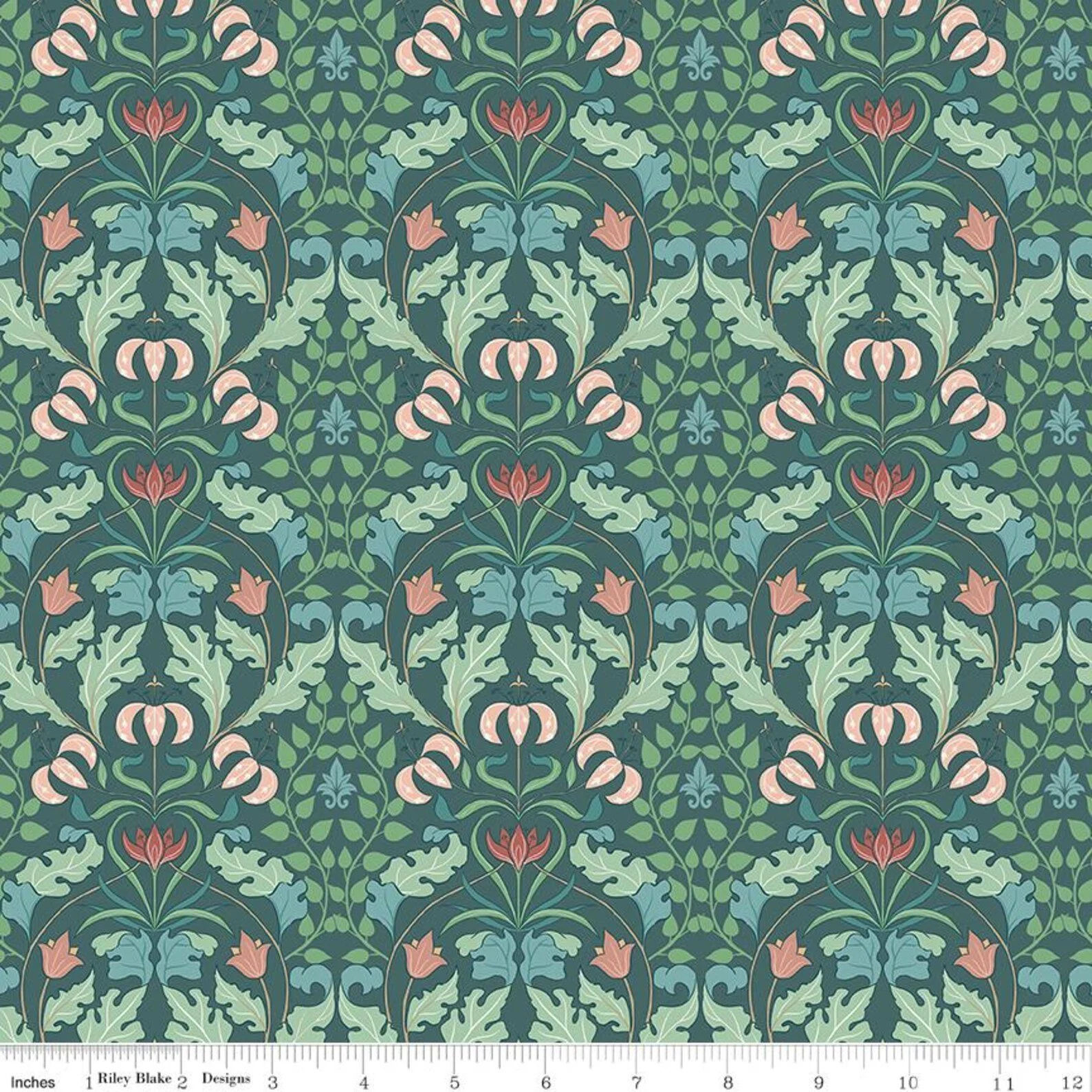 Ambleside Tapestry Teal Green, Victorian Botanical Floral Quilting Cotton Fabric, Amanda Niederhauser, Riley Blake