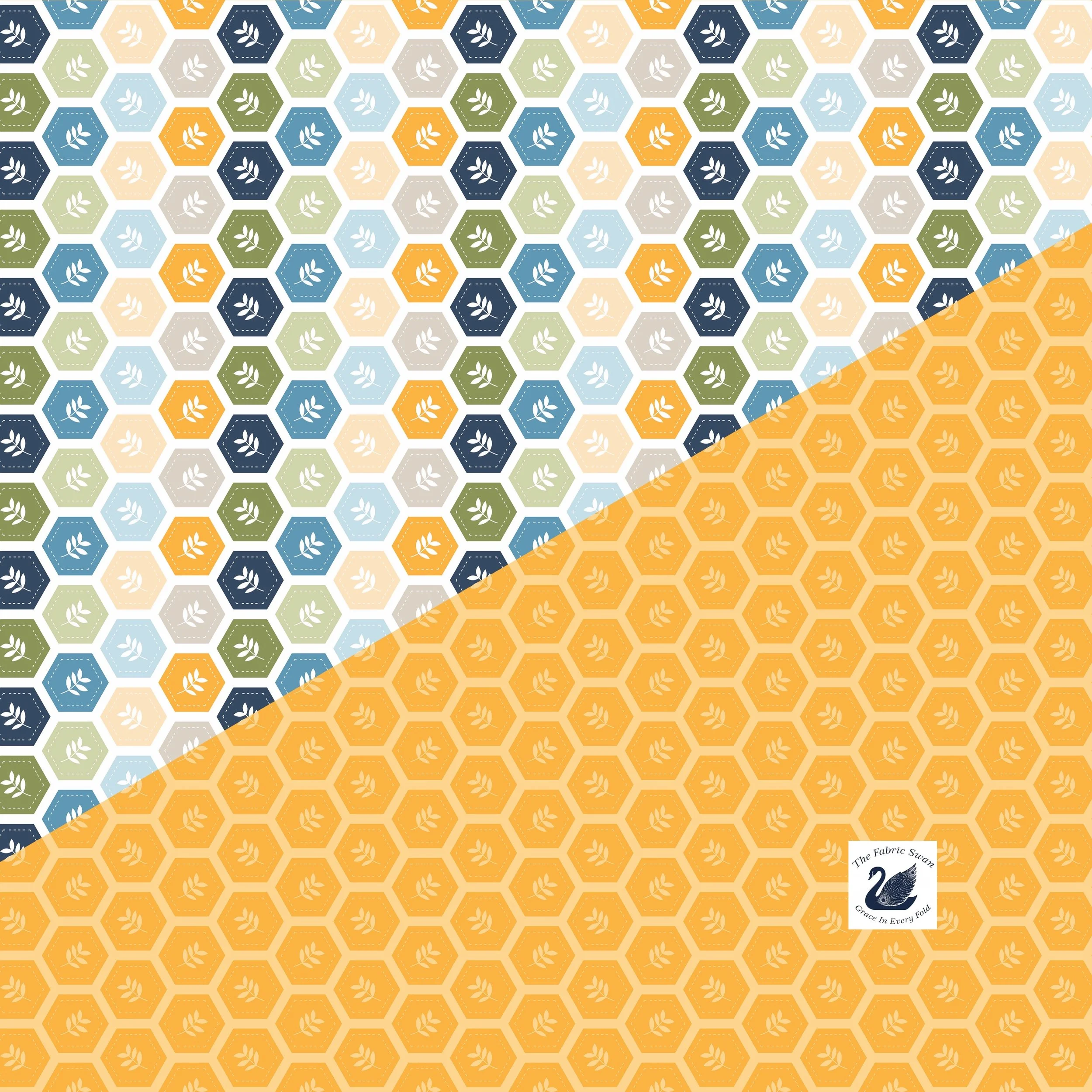 Sunshine & Dandelions Hexies Daisy Quilting Cotton, Yellow Multi Hexagon Honeycomb Leaves Fabrics, Riley Blake