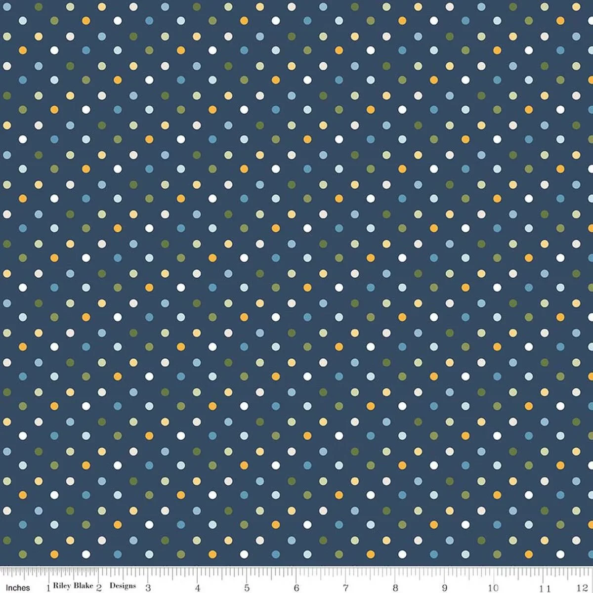 Sunshine & Dandelions Polka Dots Quilting Cotton, Navy Dark Blue Fabric, Traci Reed, Riley Blake