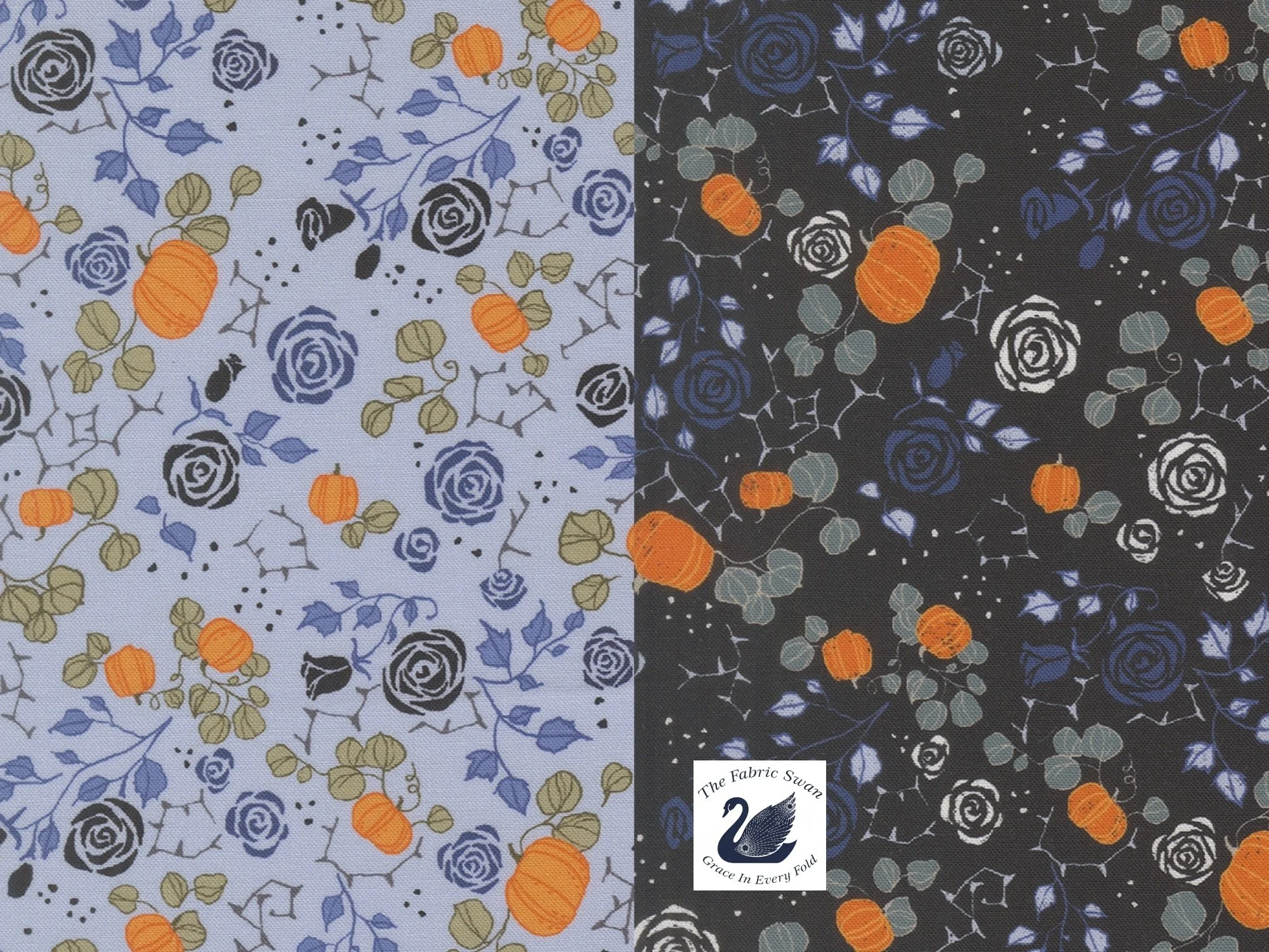 Halloween Pumpkins Roses Quilting Cotton, Coven Robin Pickens, Sky Onyx,  Fat Quarter, Moda Fabrics