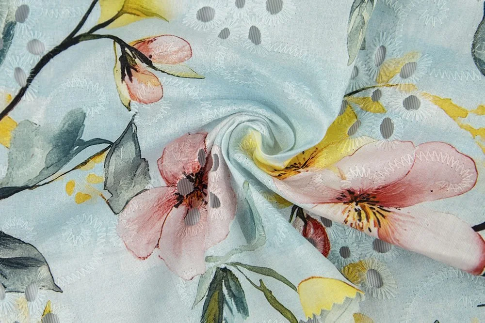 Cotton Eyelet Digital Print Pastel Watercolor Blossoms