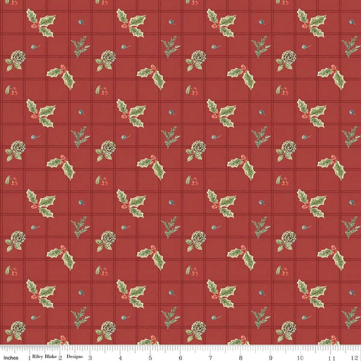 Holiday Spirit Christmas Red Holly Berries, Pinecones, Grid, Digitally Printed Quilting Cotton, Riley Blake