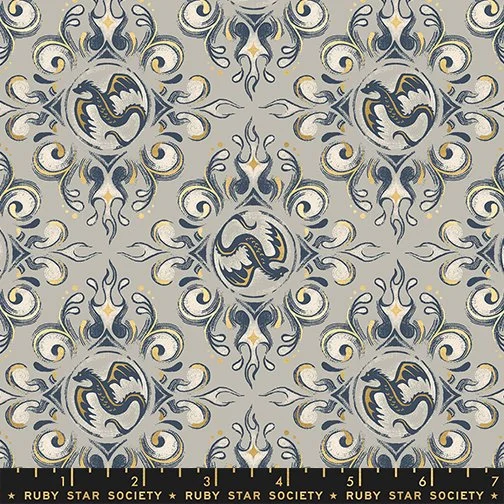PRESALE Fireglow Dragon Emblems, Gold Metallic Oyster Grey, Quilting Cotton, Sarah Watts, Ruby Star