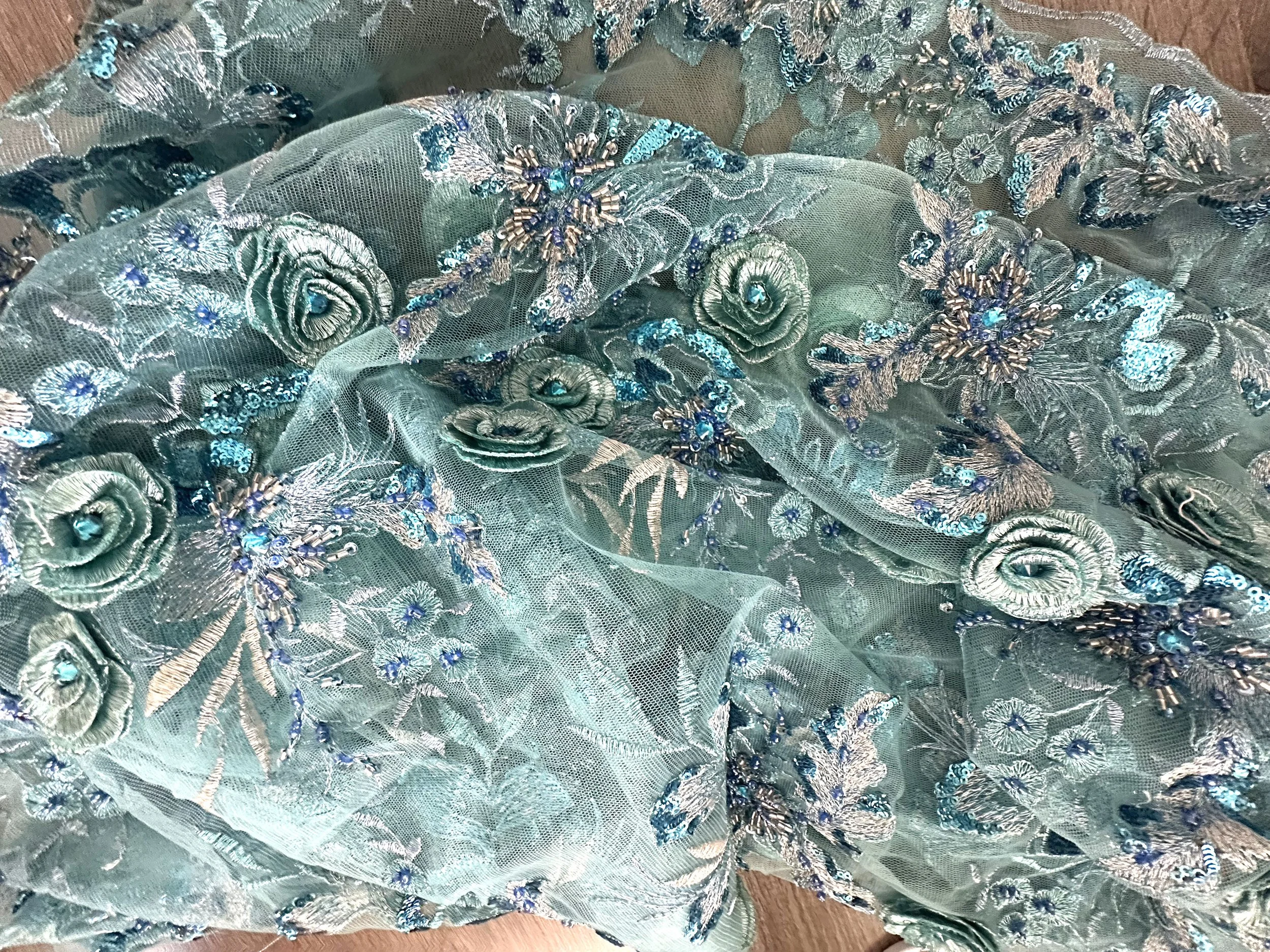 Blue 3-D Beaded and Sequins Floral Lace Bundle
