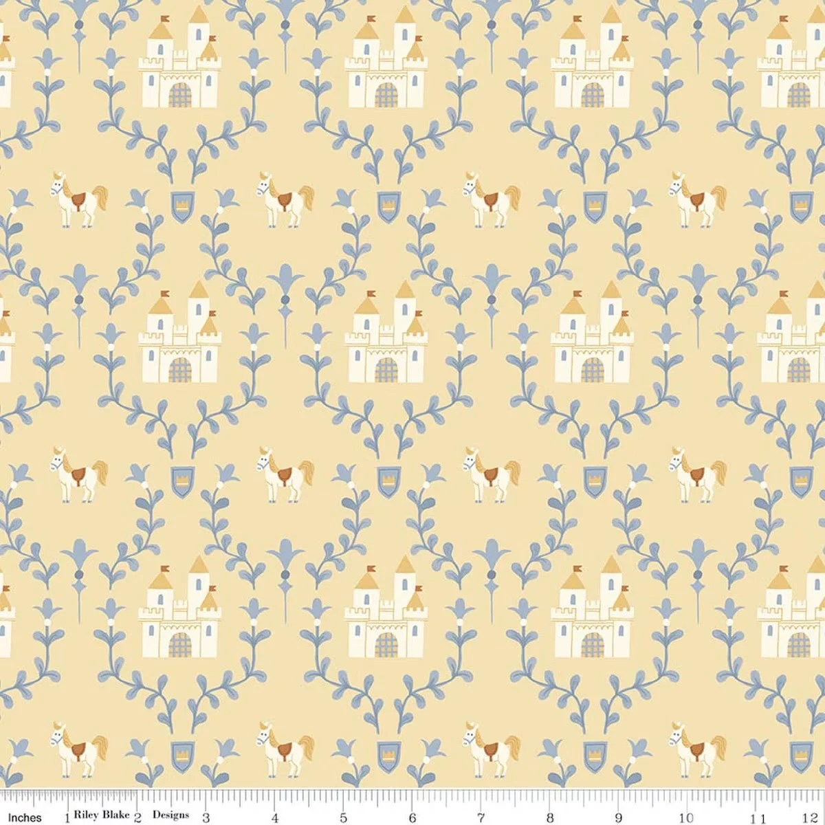 Faraway Kingdom Enchanted Castle, Sunlight Yellow, Horses Crests Damask, Quilting Cotton Fabric, Riley Blake