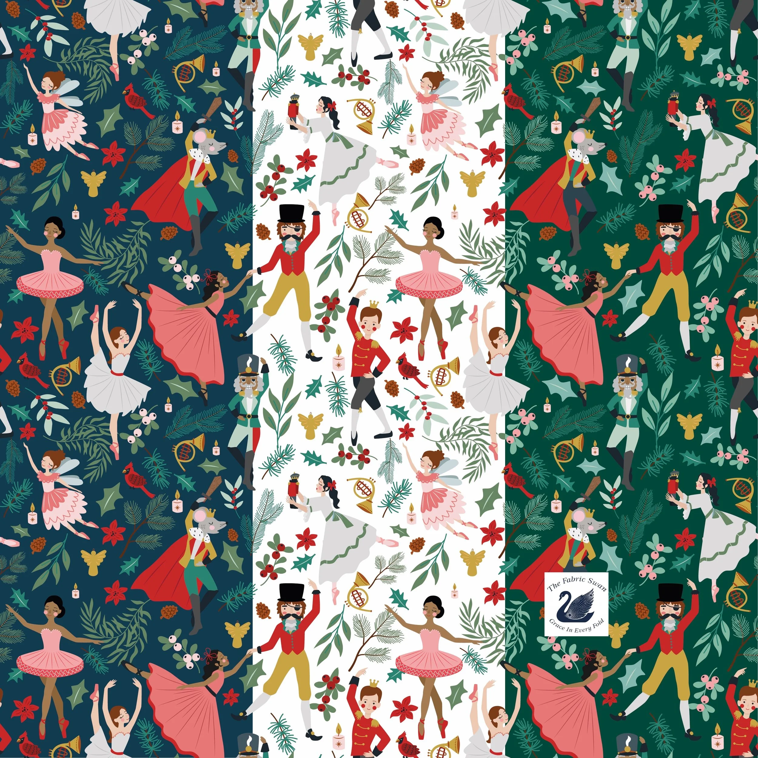 Nutcracker Tradition Christmas Storybook, Midnight Snow Pine, Digitally Printed Quilting Cotton Fabric, Riley Blake