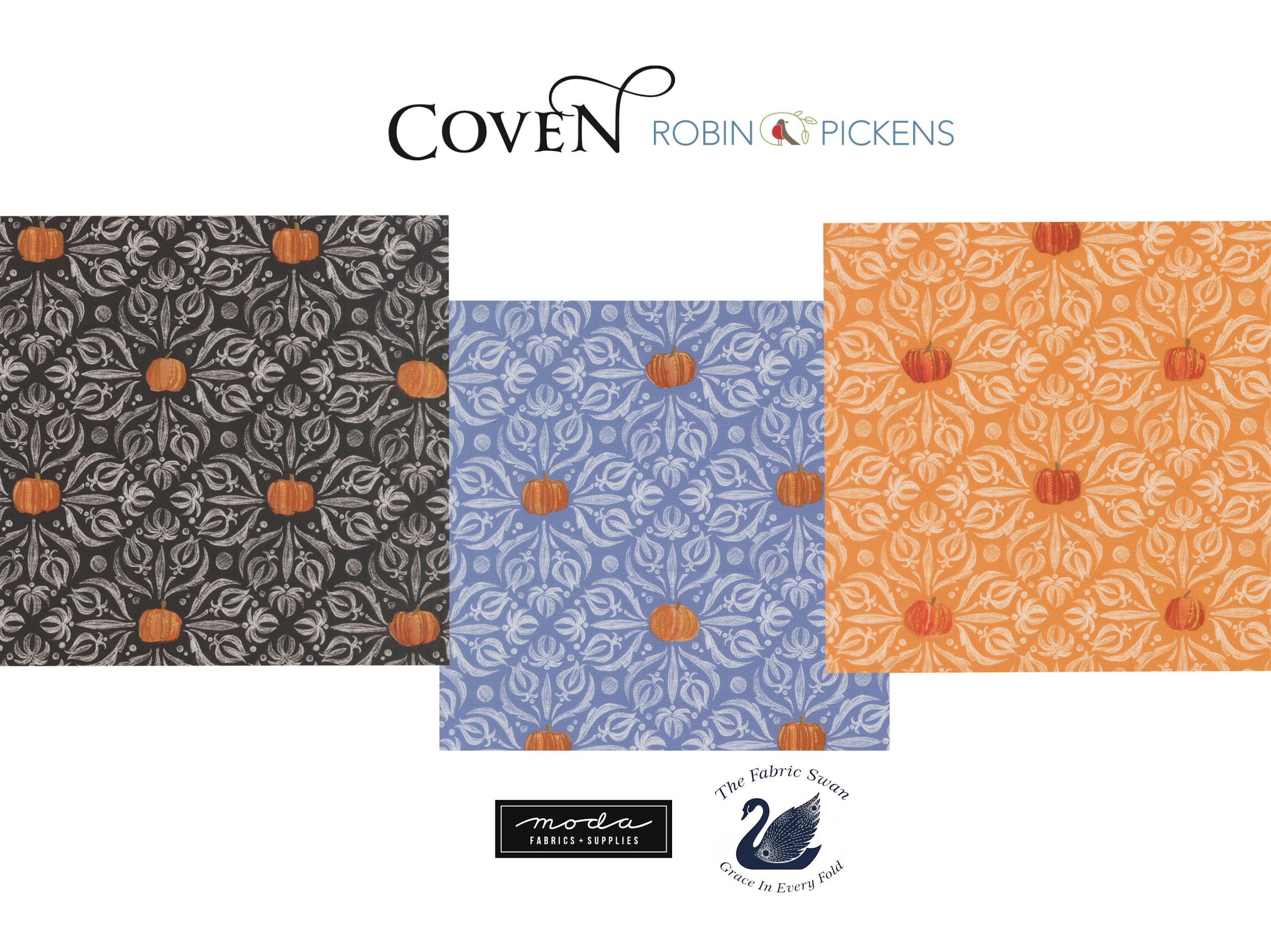 Halloween Pumpkins Quilting Cotton Fabric, Coven Robin Pickens, Medallion Tiles Damask, Fat Quarter, Moda