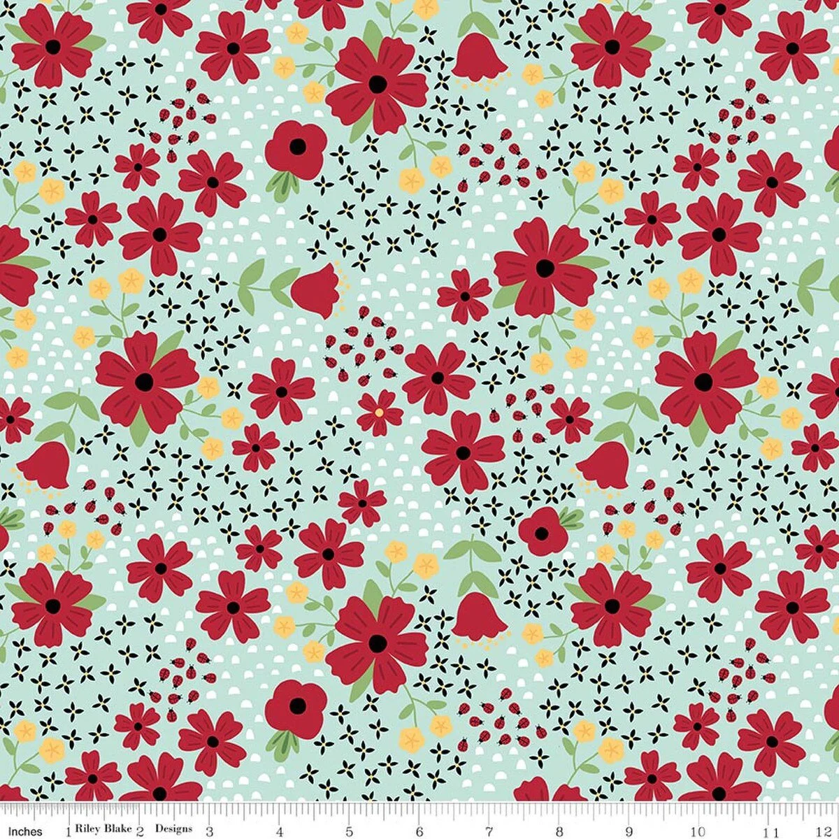 Little Ladybug Main Blue Quilting Cotton Fabric, Red Yellow White Flowers, Lori Whitlock Riley Blake