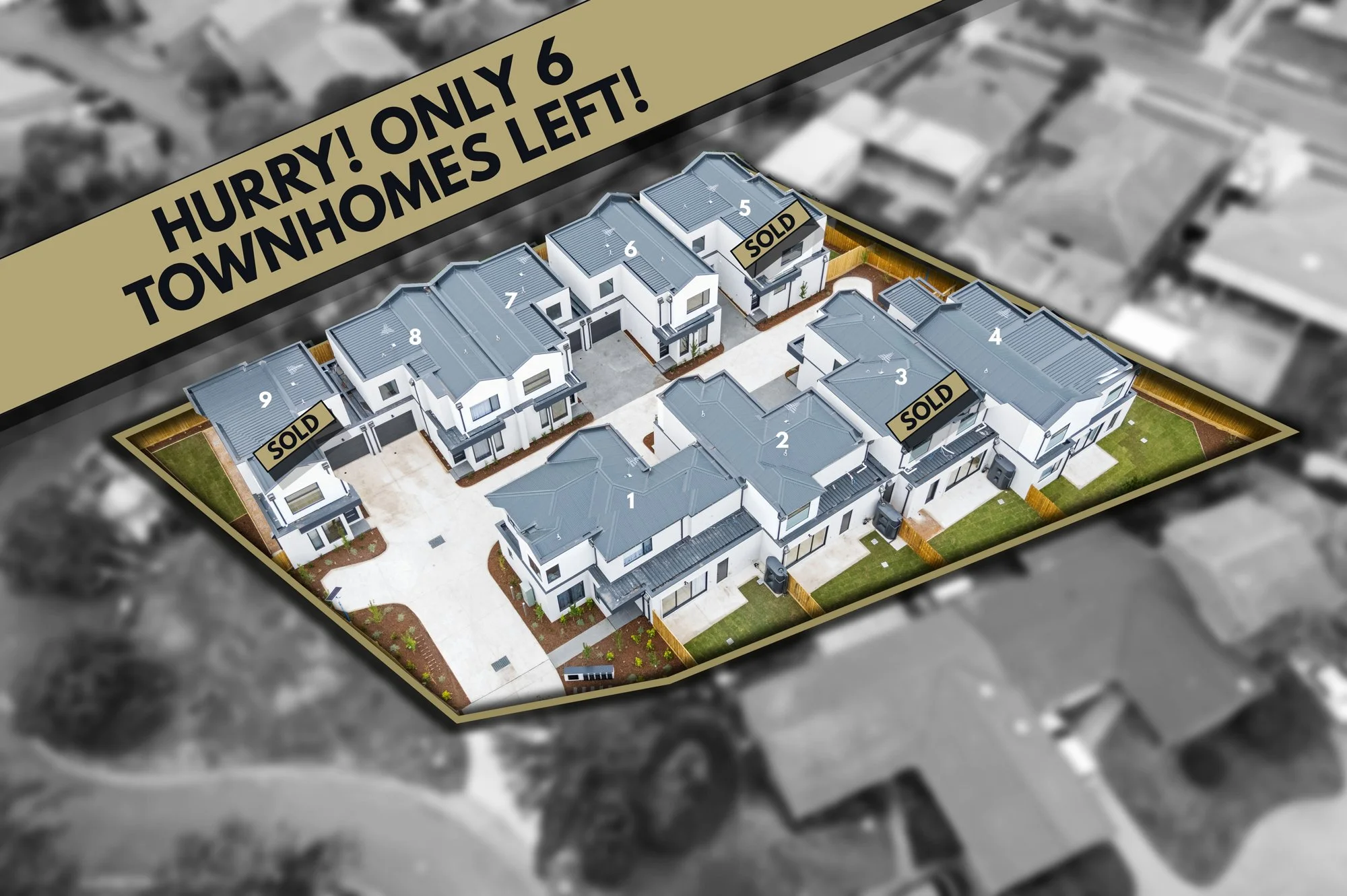 A 3D digital rendering of houses in a residential neighborhood, with some marked as sold and only six remaining available for purchase, featuring modern architecture and a shared driveway.