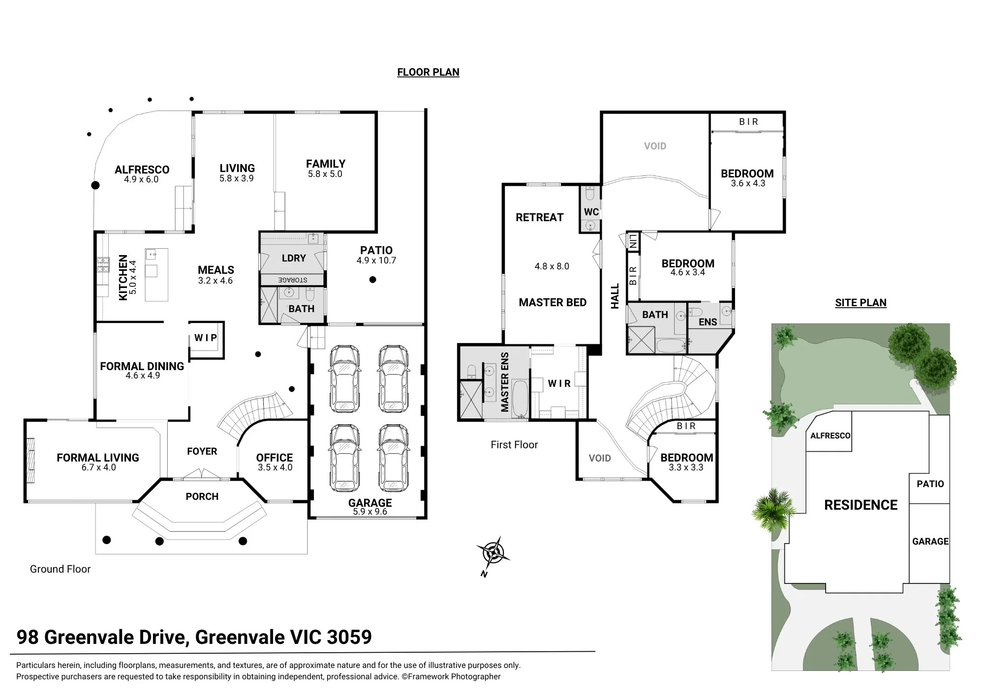 Floor plan of a house showing various rooms, outdoor spaces, and the layout of the property at 98 Greenvale Drive, Greenvale, VIC 3059, with an exterior site plan.