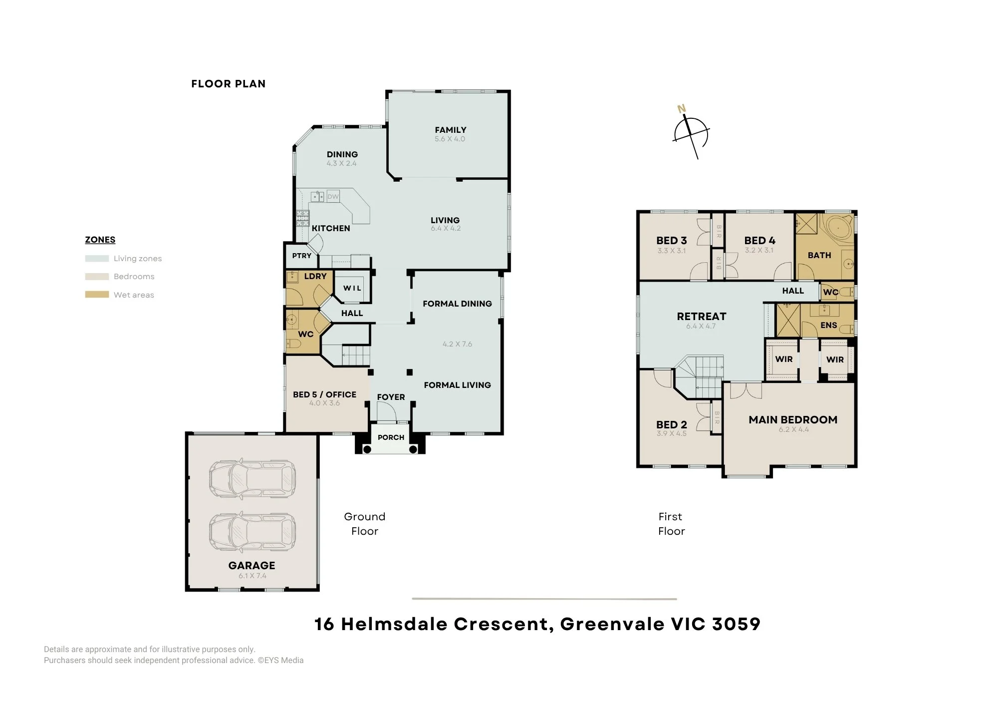 Floor plan of a house with labeled rooms including garage, porch, foyer, formal living, bedroom 5 or office, hall, laundry, kitchen, dining, family, living, formal dining, bedroom 2, main bedroom, retreat, bedrooms 3 and 4, bathrooms, walk-in closets, and outdoor area, with north orientation indicated.