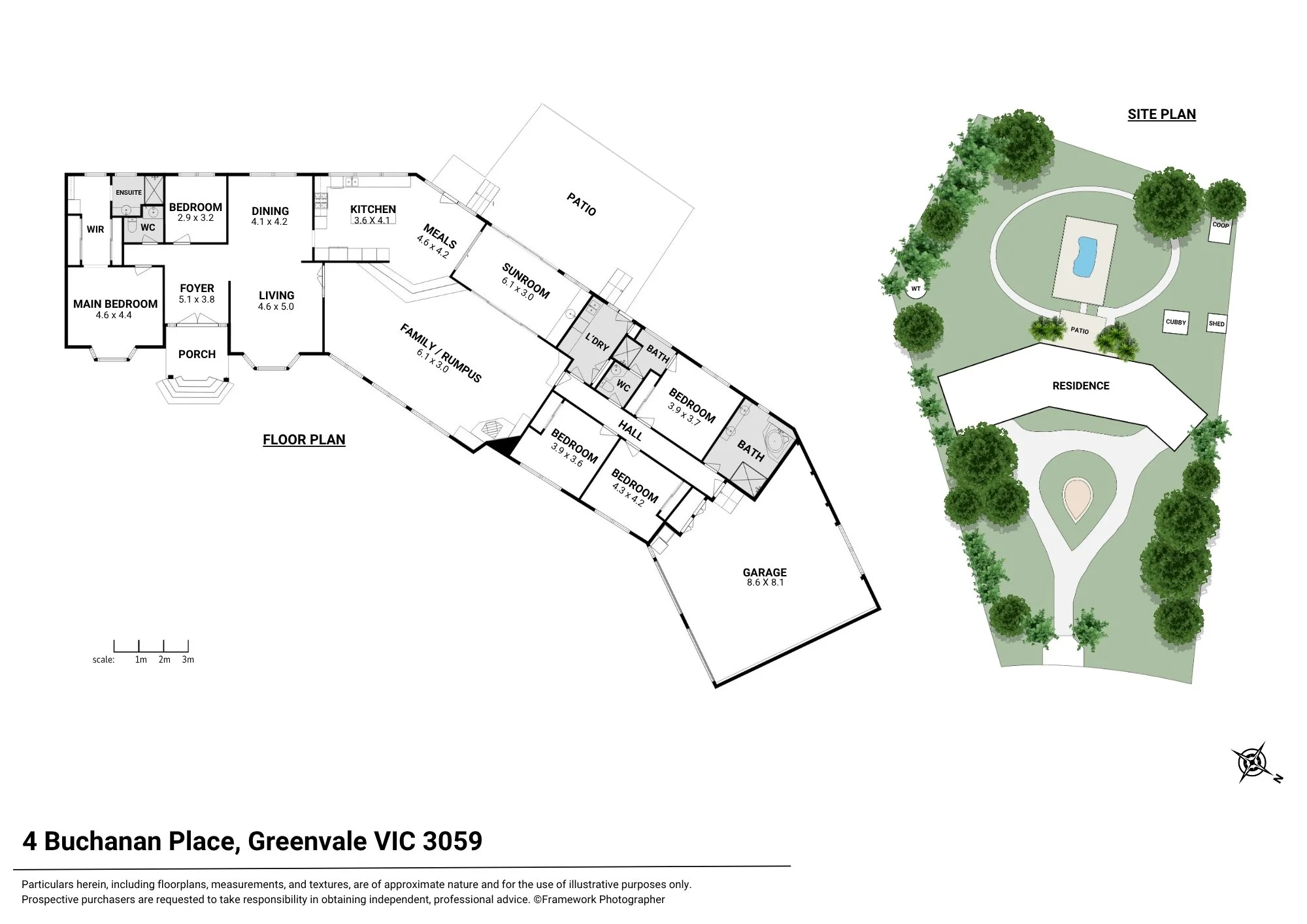 Floor plan of a house at 4 Buchanan Place, Greenvale VIC 3059, showing various rooms and a garage, with an adjacent site plan including trees, a pool, and outbuildings.