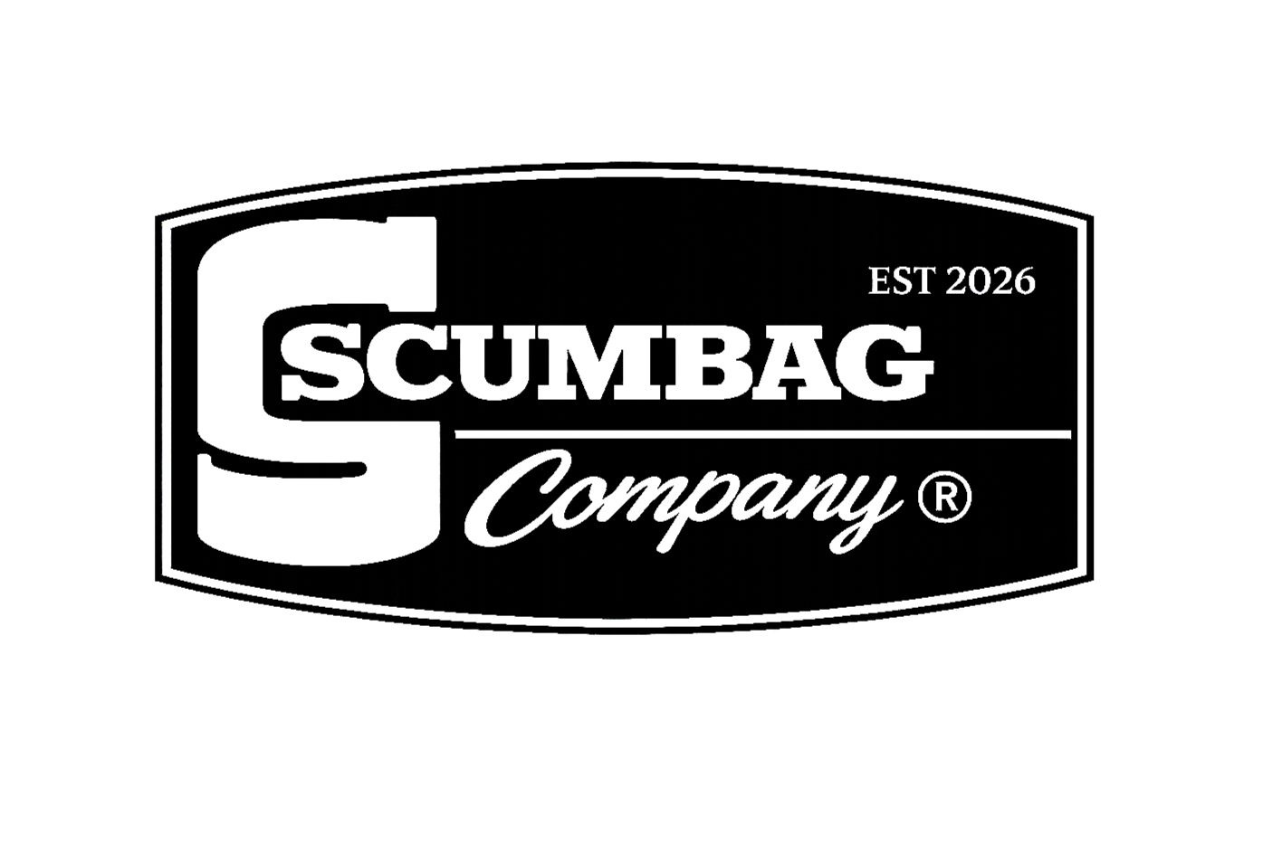Black and white logo for 'Scumbag Company', established in 2026, featuring bold and cursive text.