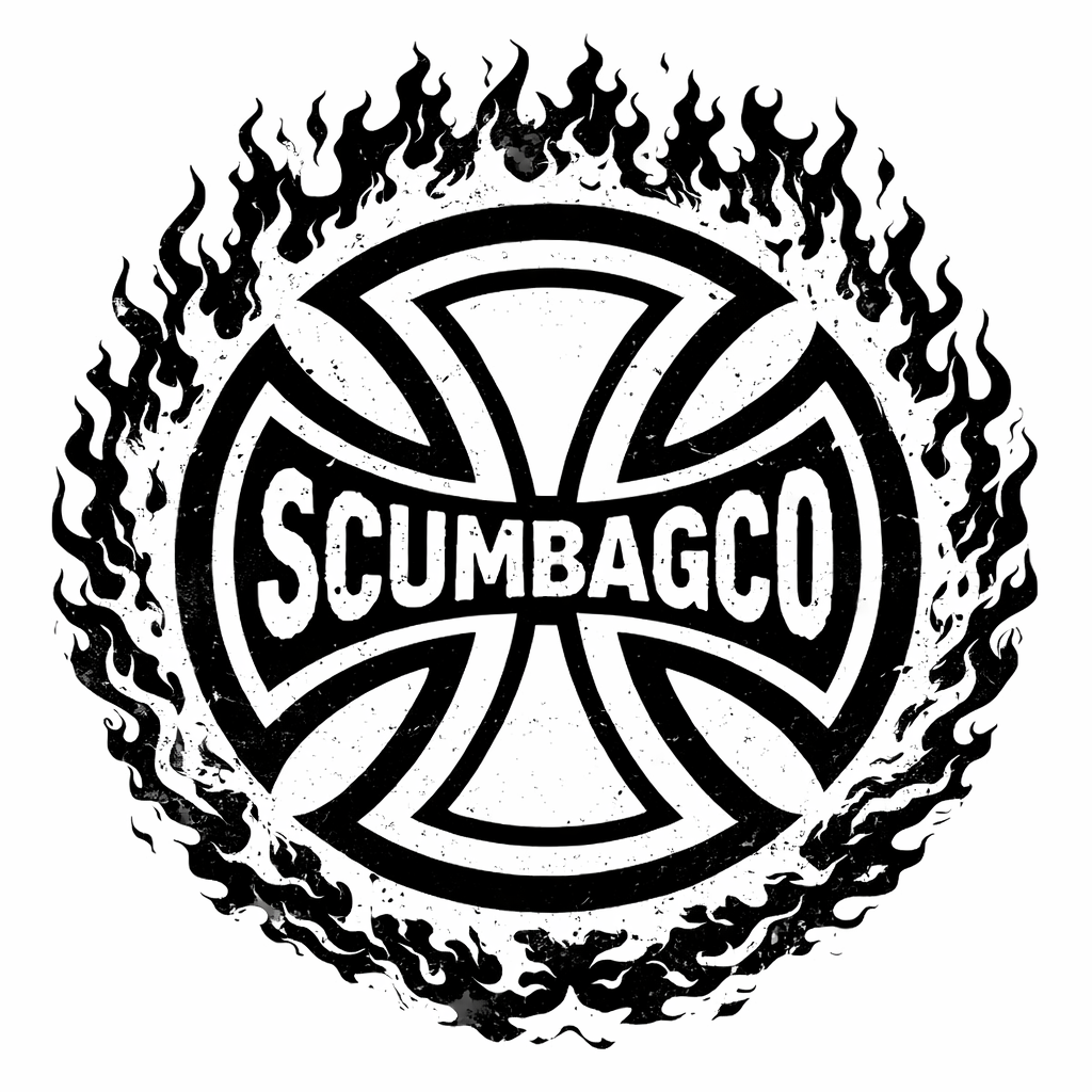 A black and white graphic featuring a cross with the word 'SCUMBAGGO' inside, surrounded by flames.