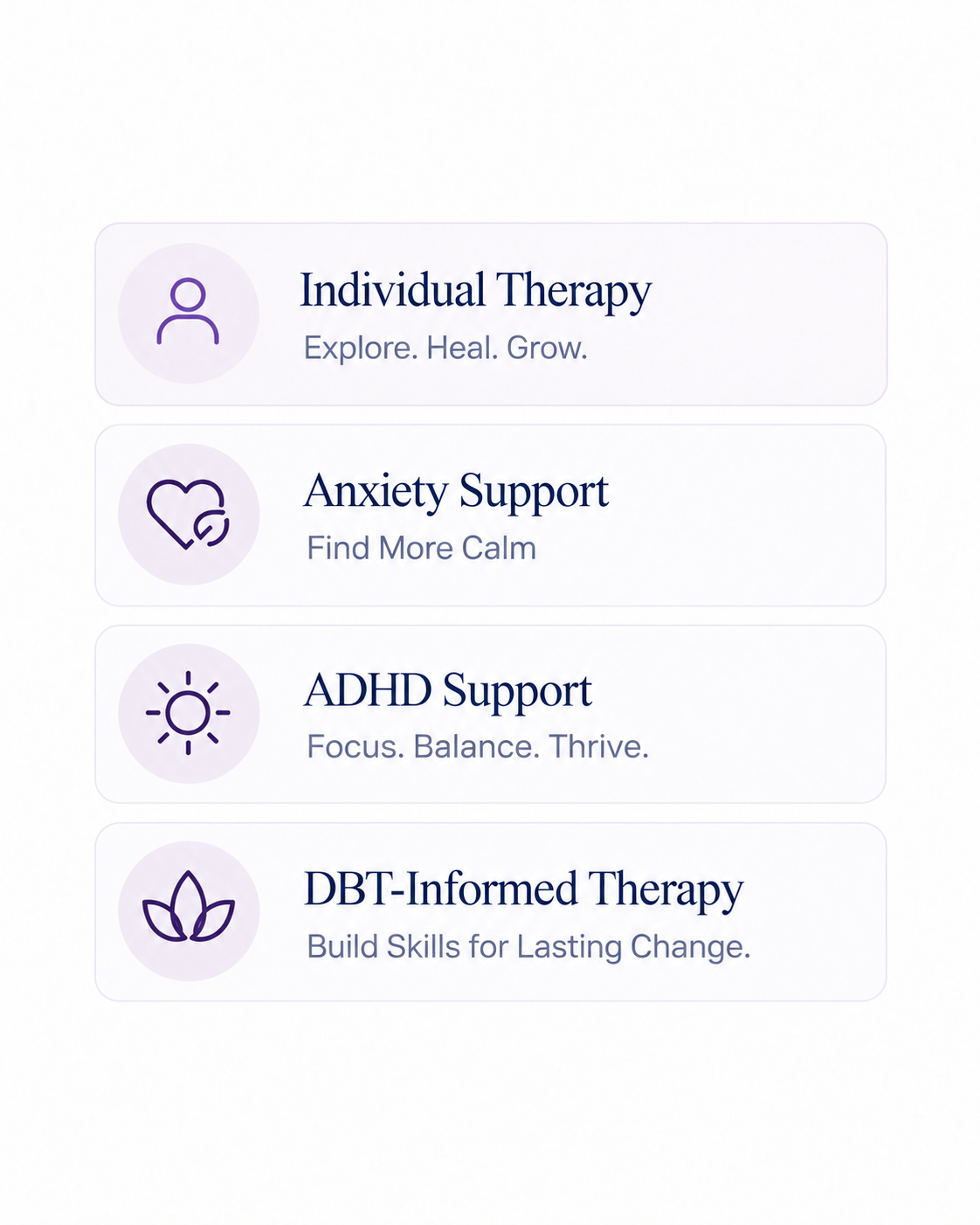 Mental health service options including Individual Therapy, Anxiety Support, ADHD Support, and DBT-Informed Therapy with icons and descriptions.