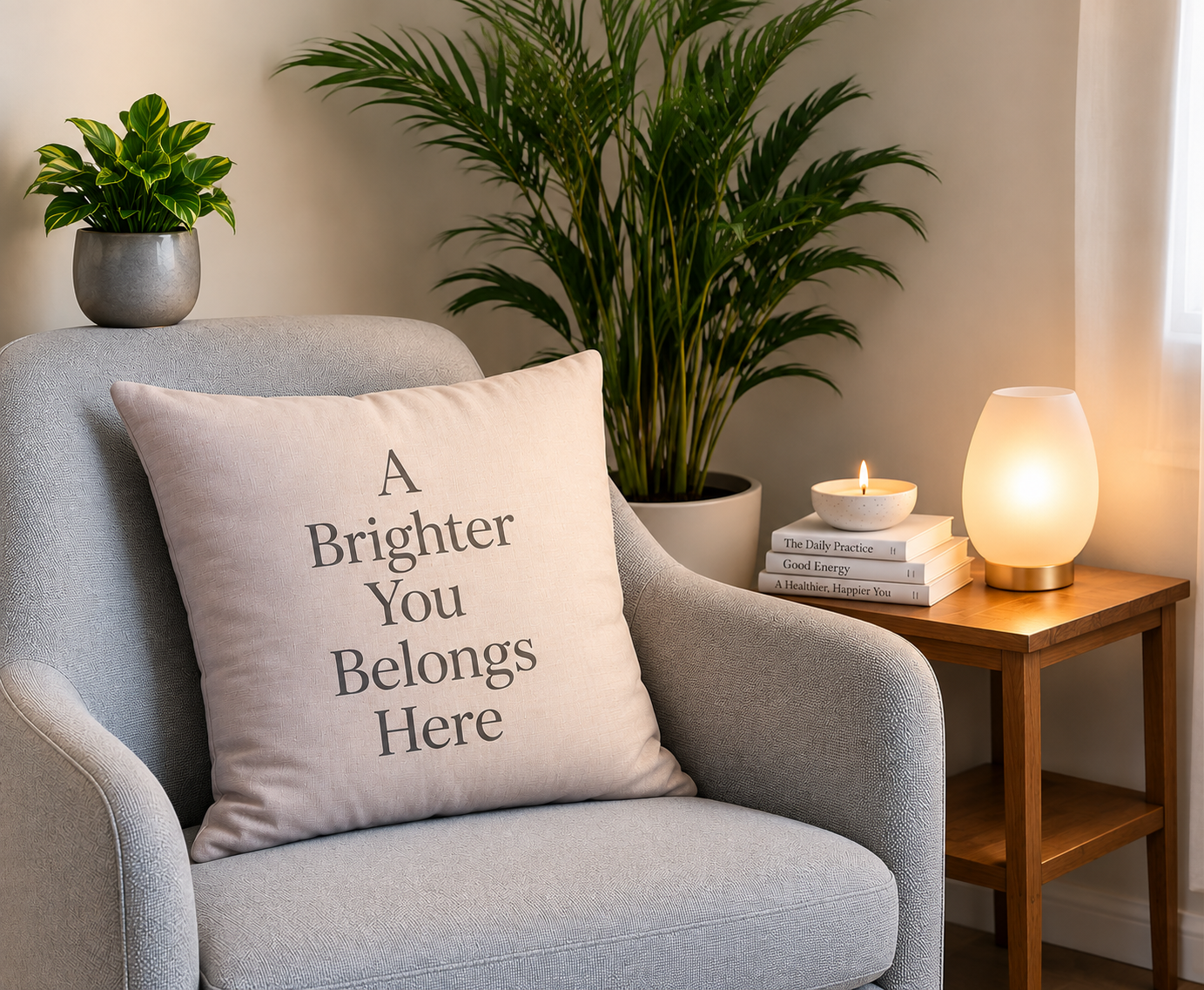 A cozy living room corner with a light gray armchair, a beige cushion with the text 'A Brighter You Belongs Here,' a small wooden side table with a white lamp, candles, and stacked books, and a large green potted plant in the background.