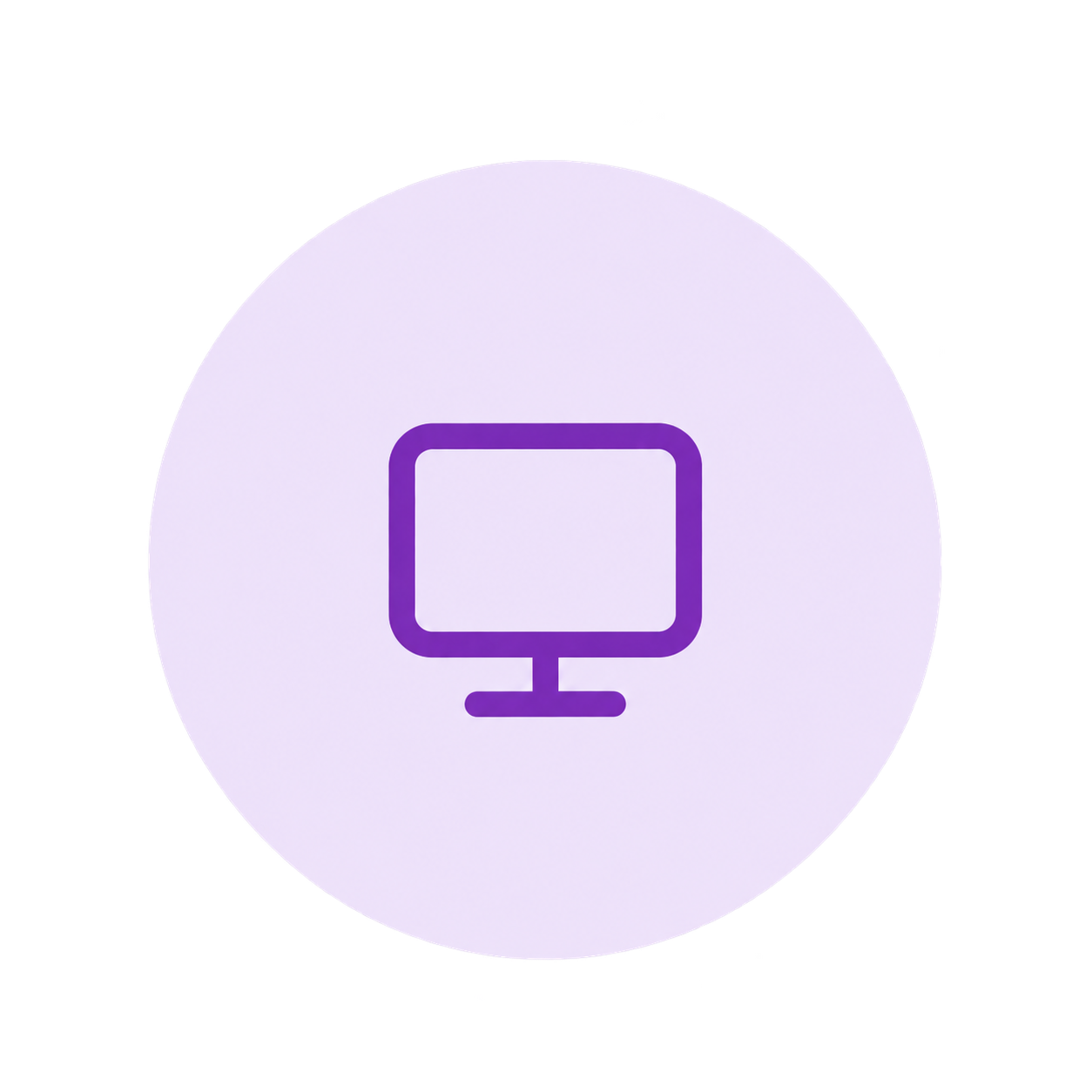 Purple outline icon of a computer monitor on a light purple circular background.