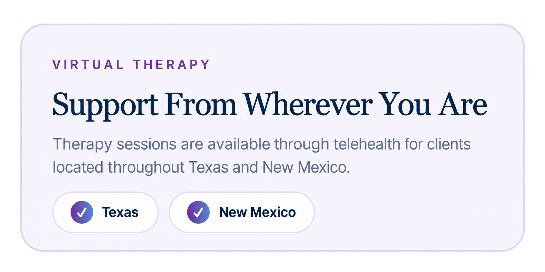 Information about virtual therapy sessions available through telehealth for clients in Texas and New Mexico, with options to select states.