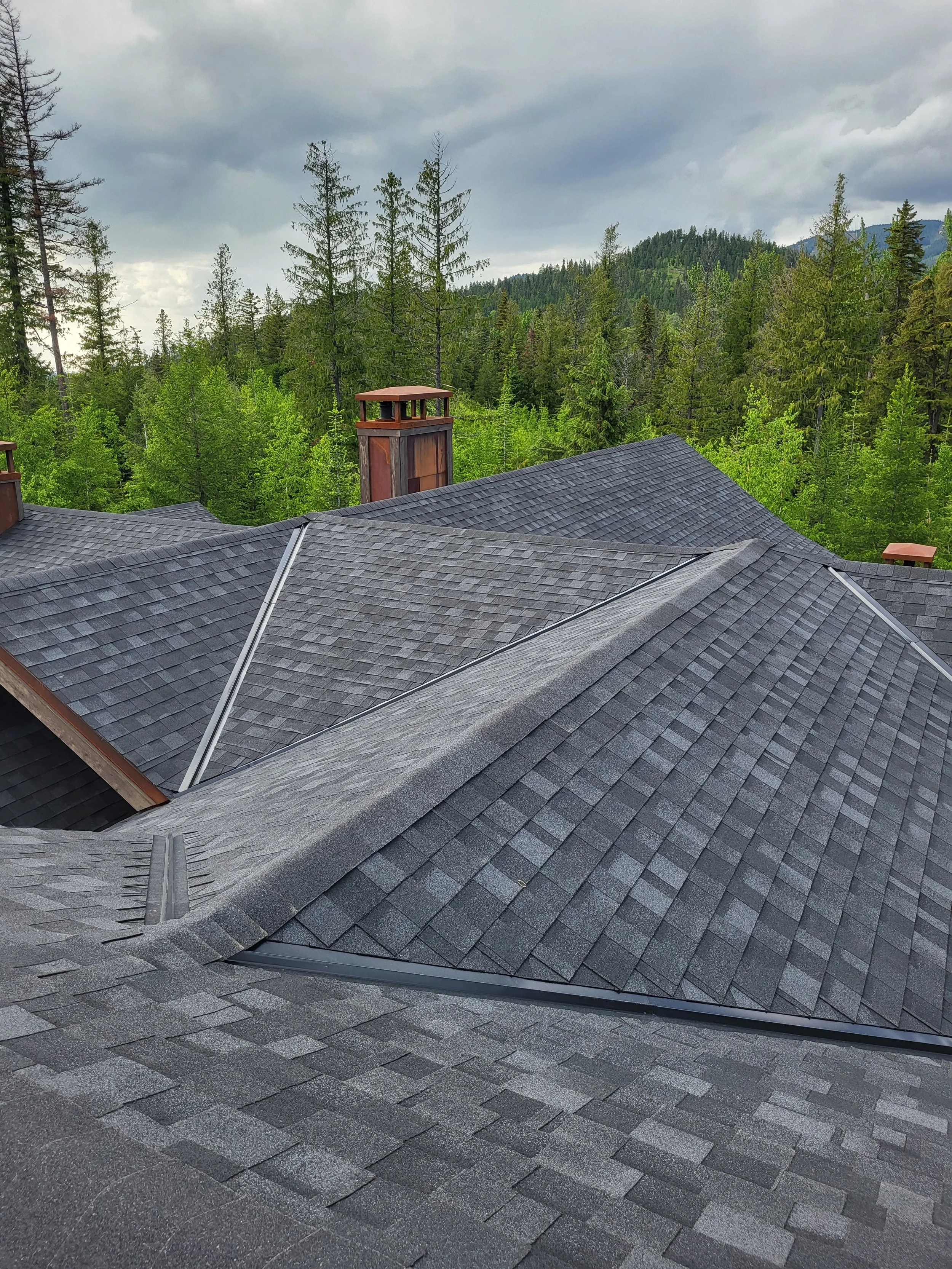 View of rooftops with dark gray shingles on a house surrounded by green trees and mountains with cloudy sky in the background.