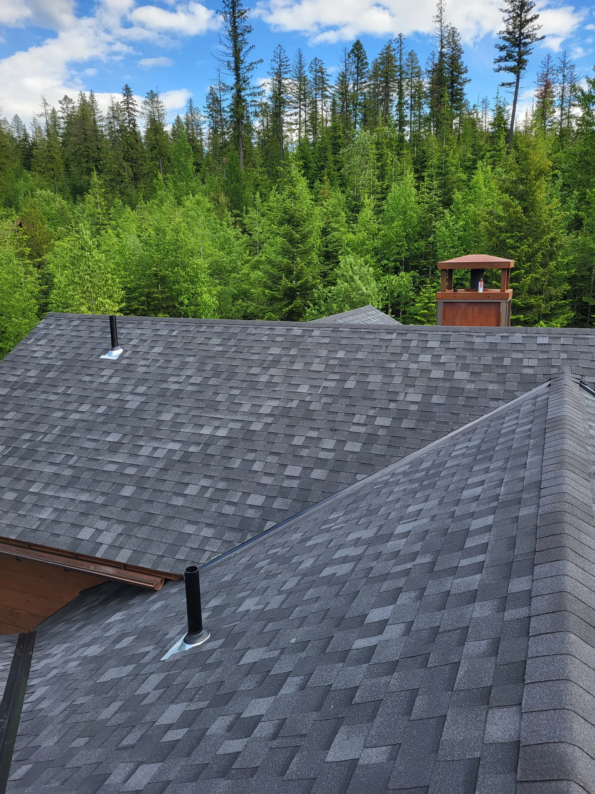 View of residential rooftop with gray shingles and two black vents, set against a background of green forested trees and a partly cloudy sky.
