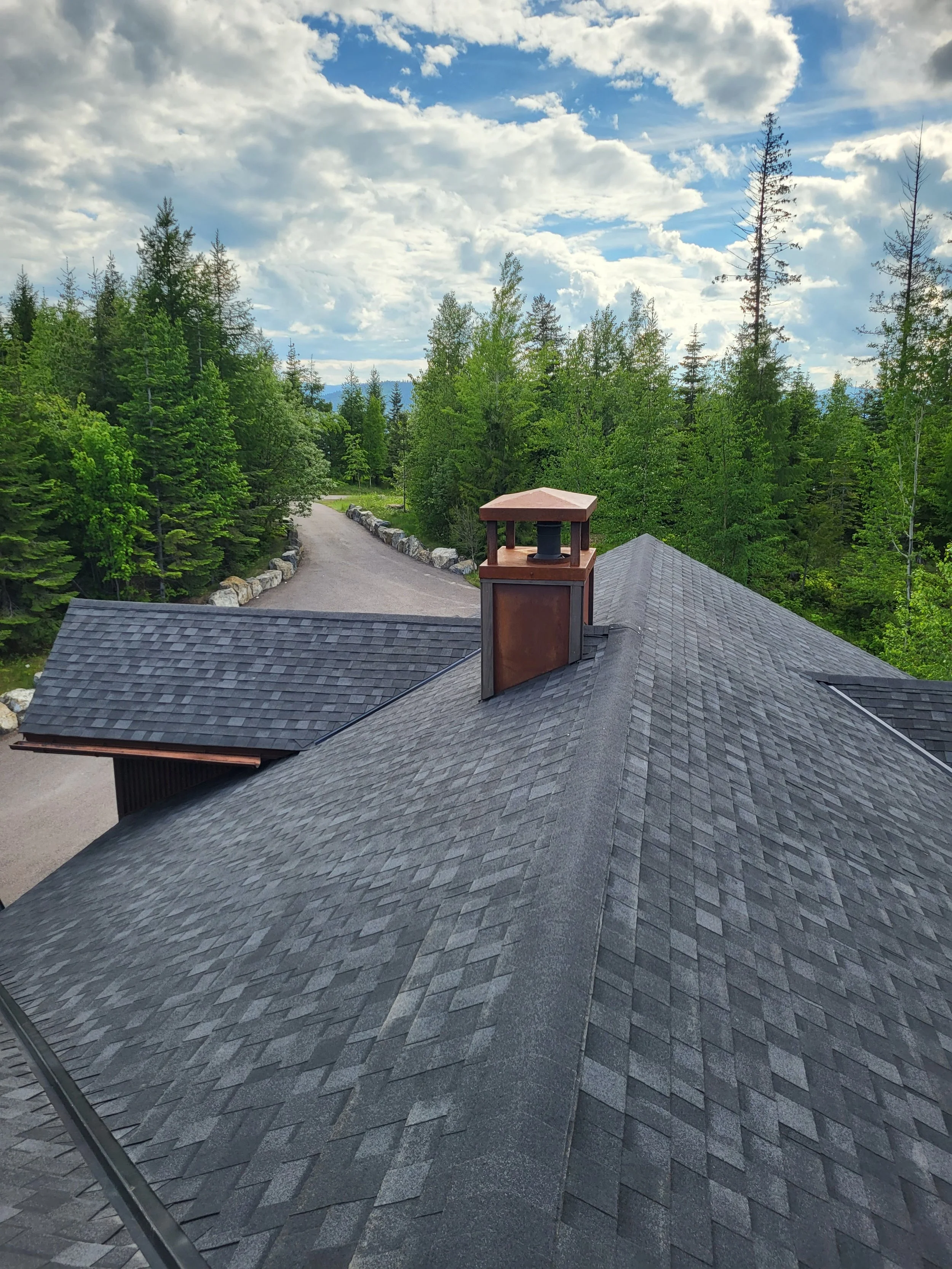 View of a house roof with asphalt shingles and a chimney surrounded by lush green trees under a partly cloudy sky.