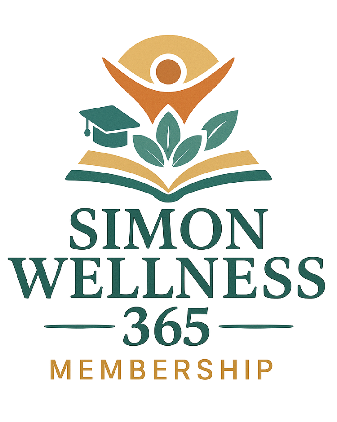 Logo for Simon Wellness 365 Membership featuring a stylized eye, a graduation cap, a book with leaves, and the text 'Simon Wellness 365 Membership'.