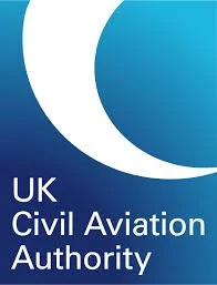 Logo of UK Civil Aviation Authority with blue background and white curved shapes.