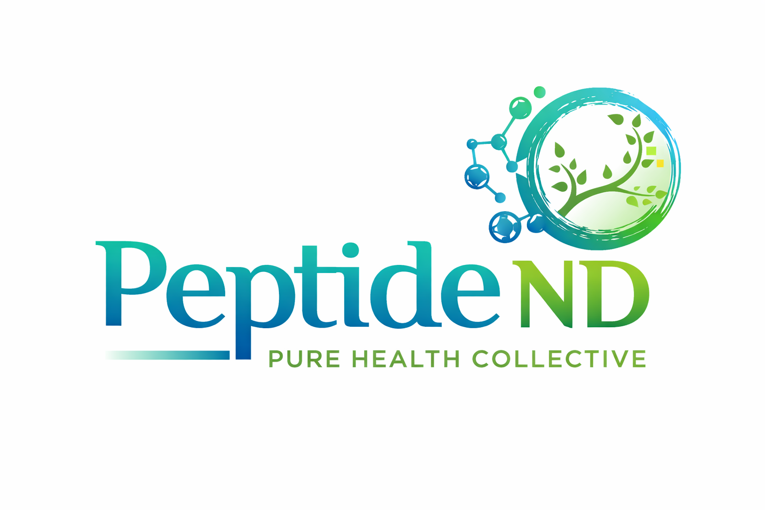 Logo for PepideND with a green and blue gradient font and a stylized circular logo featuring a tree and molecular structure, with the tagline "Pure Health Collective".