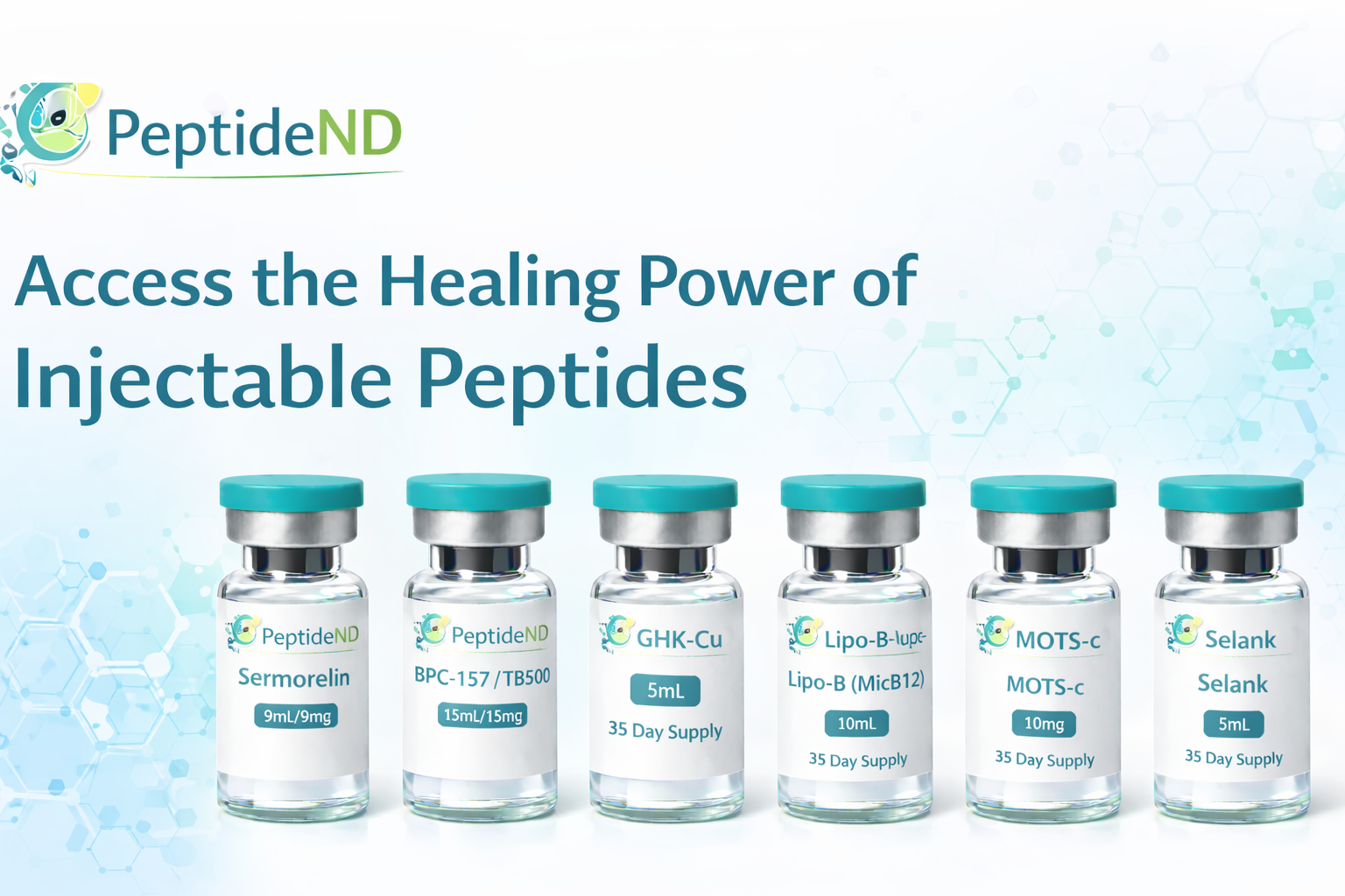 A promotional graphic from PeptideND showing six vials of injectable peptides, including Sermorelin, BPC-157/TB500, GHK-Cu, Lipo-B, MOTS-c, and Selank, with the headline 'Access the Healing Power of Injectable Peptides' and a background featuring light blue molecular structures.