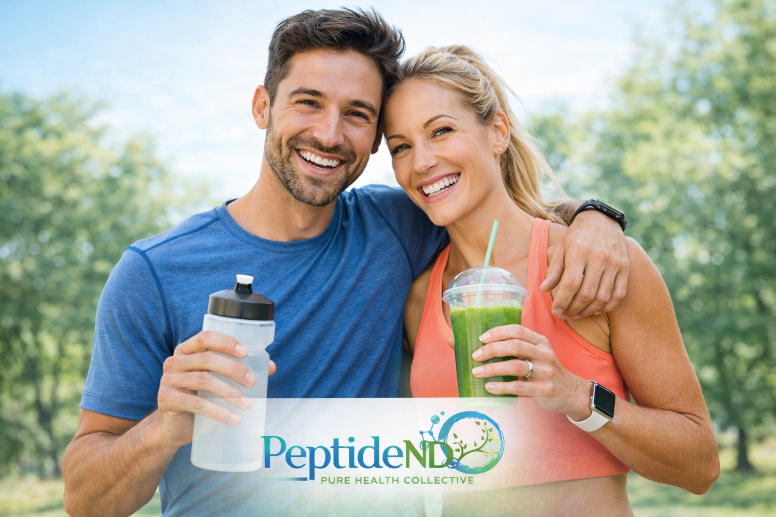 A man and woman smiling outdoors, holding drinks and wearing athletic clothing, with a PeptideND logo and slogan at the bottom.