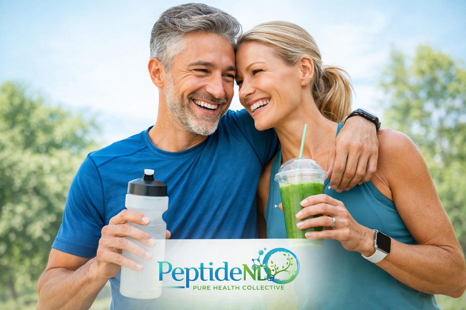 A smiling middle-aged couple in athletic wear outdoors, embracing and holding drinks, with a logo for Peptide ND and the motto 'Pure Health Collective'