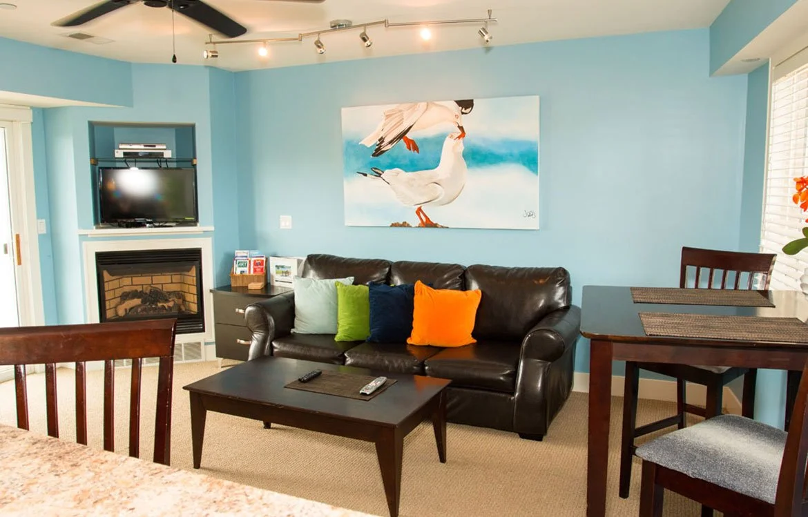Living room with blue walls, a black leather sofa with colorful pillows, a wooden dining table with chairs, a fireplace, and a mounted flat-screen TV. Artwork of a duck and a bird hangs on the wall.