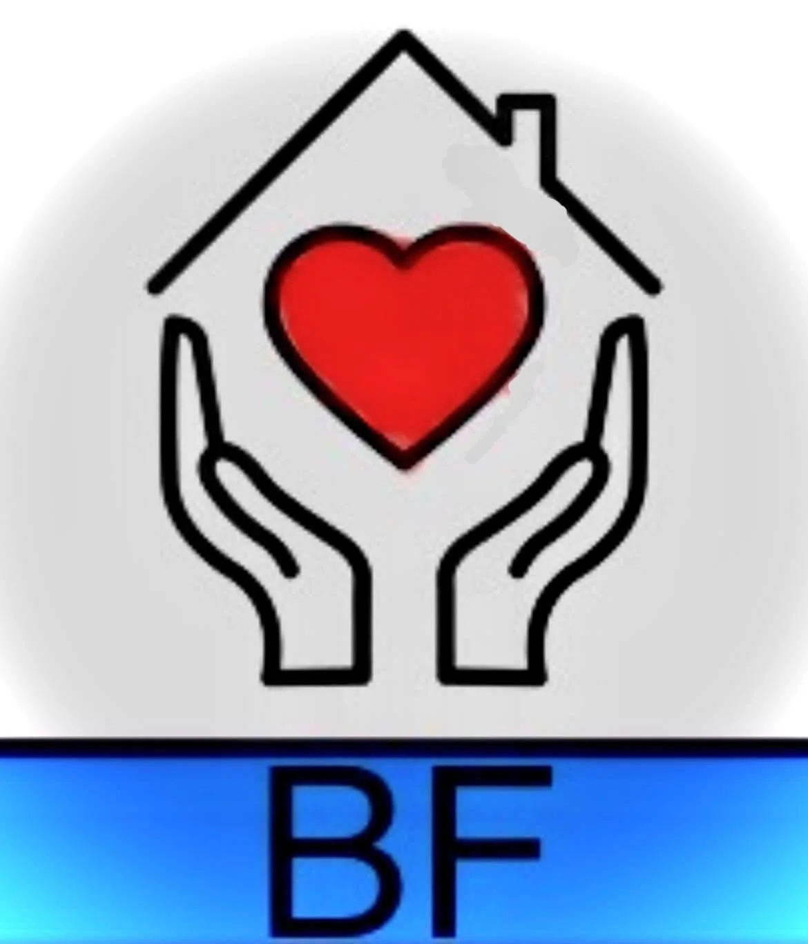 Outline of two hands holding a house with a red heart inside, and the letters 'BF' below.