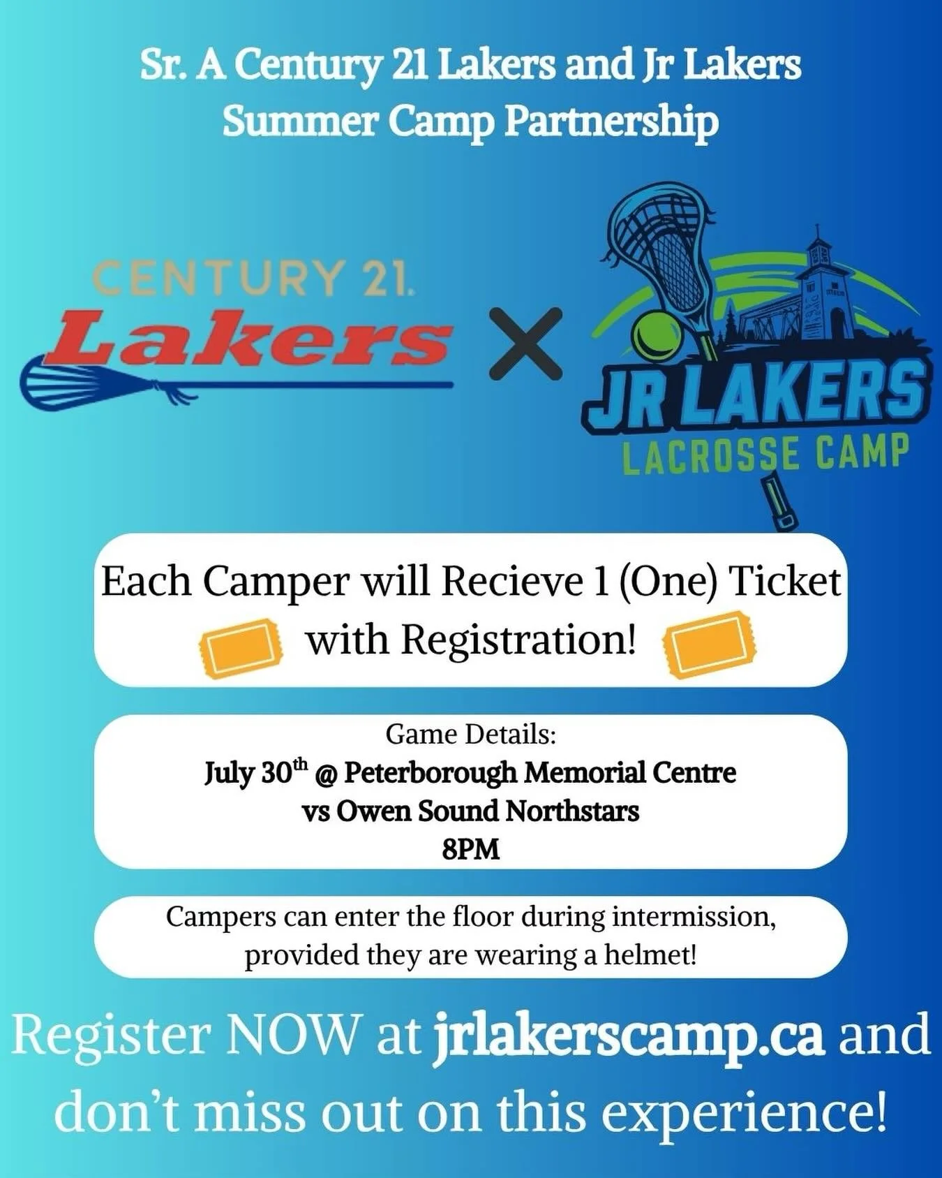 We are excited to announce a new partnership between Jr Lakers Summer Camp and @ptbolakerslax !!! 🤝 

This summer, every registered camper will receive a FREE (yes, free!!!!) ticket to the July 30th Sr A Lakers game at the PMC as they take on the Ow