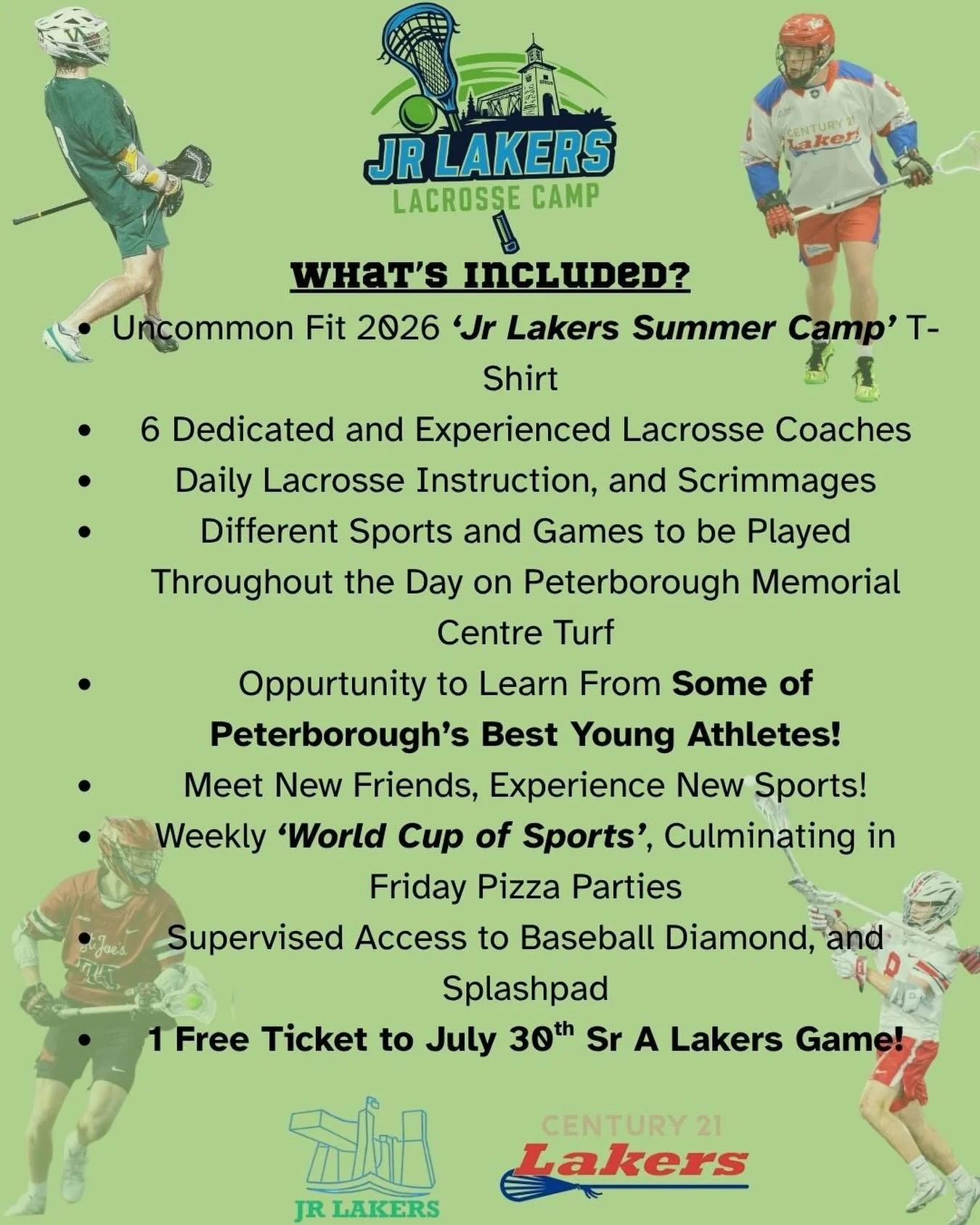 Ever wondered what&rsquo;s included at Jr. Lakers Summer Camp? 🥍☀️

A week full of lacrosse, sports, games, new friends, and memories at the Peterborough Memorial Centre!

Each camper will receive:
🥍 Daily lacrosse instruction and scrimmages
👕 An 